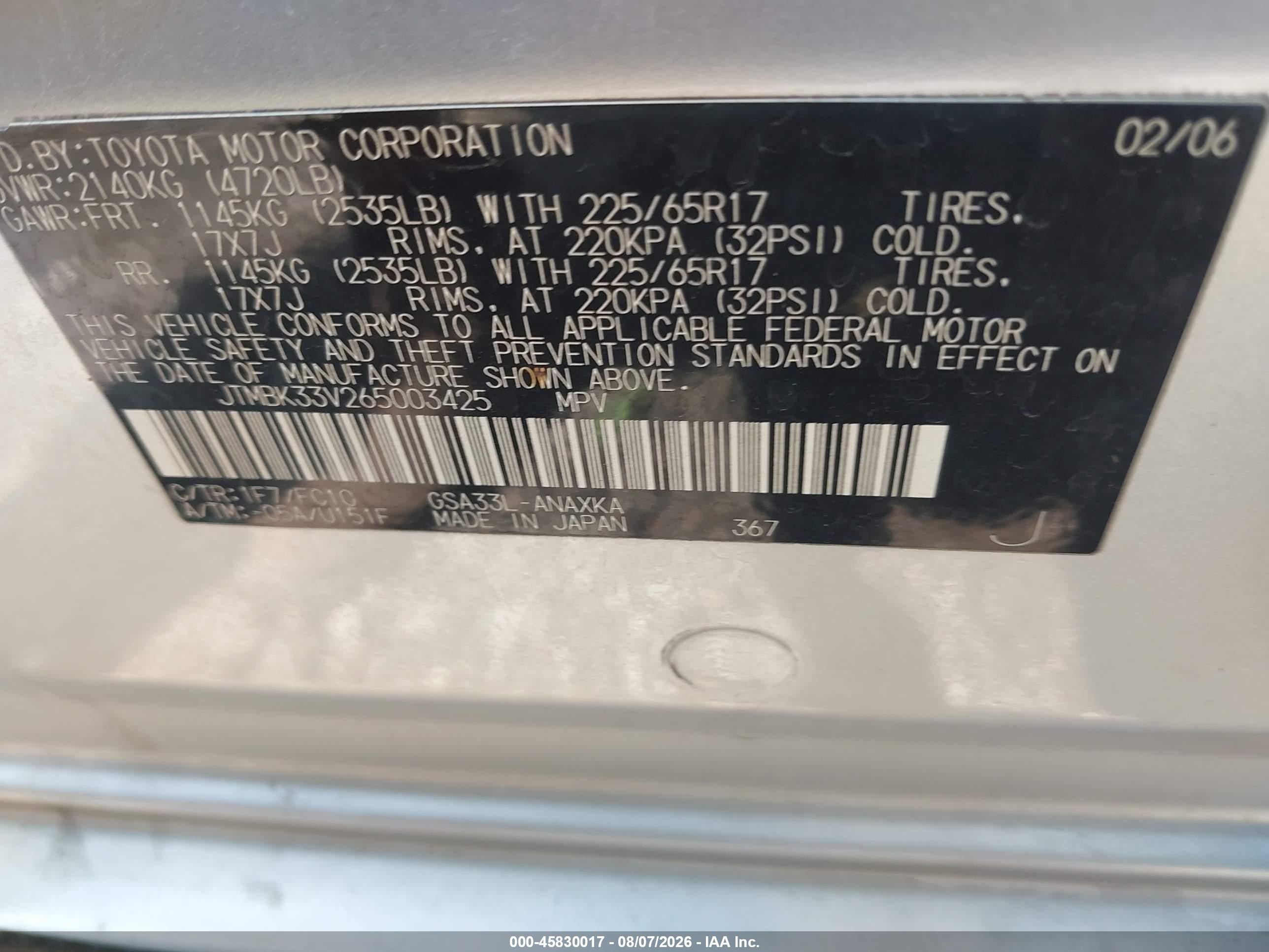2006 Toyota Rav4 Base V6 Silver vin: JTMBK33V265003425