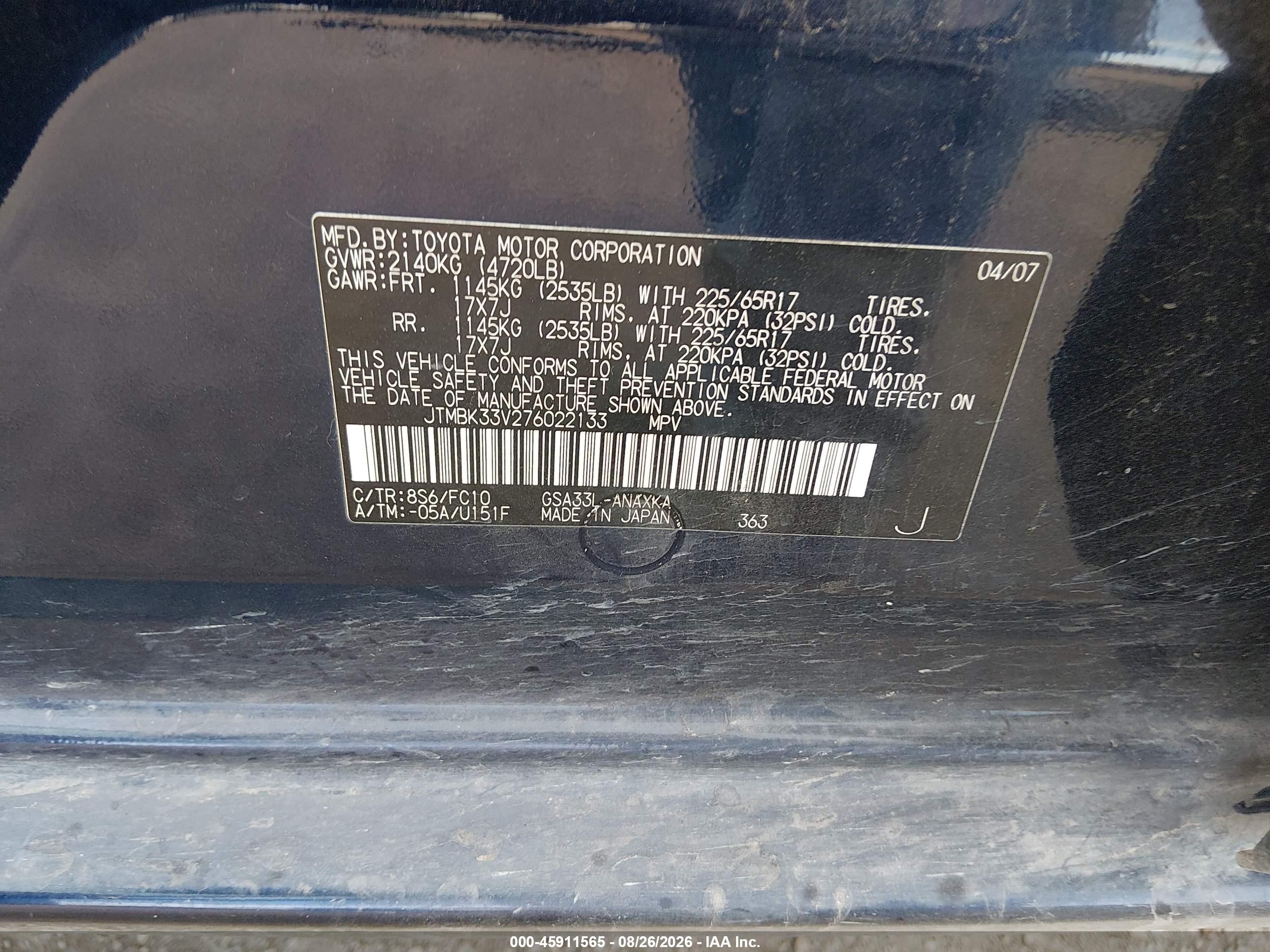 2007 Toyota Rav4 Base V6 (a5) Navy vin: JTMBK33V276022133