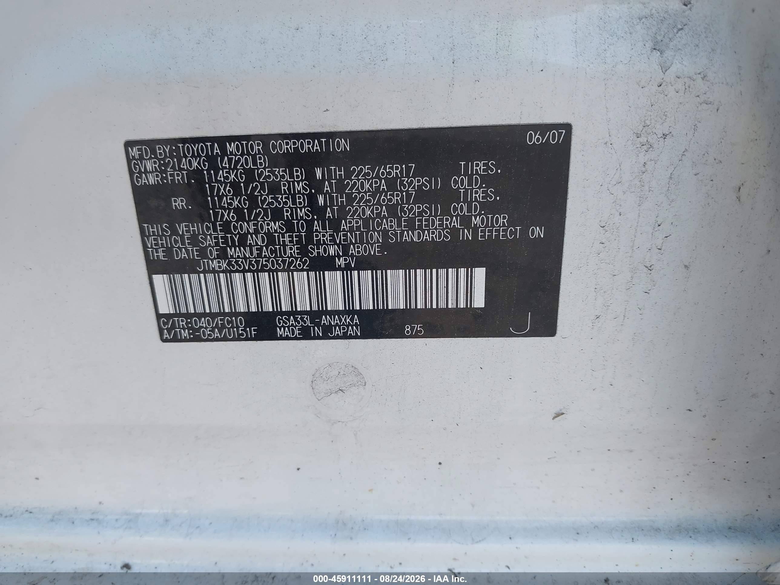 2007 Toyota Rav4 Base V6 (a5) Белый vin: JTMBK33V375037262