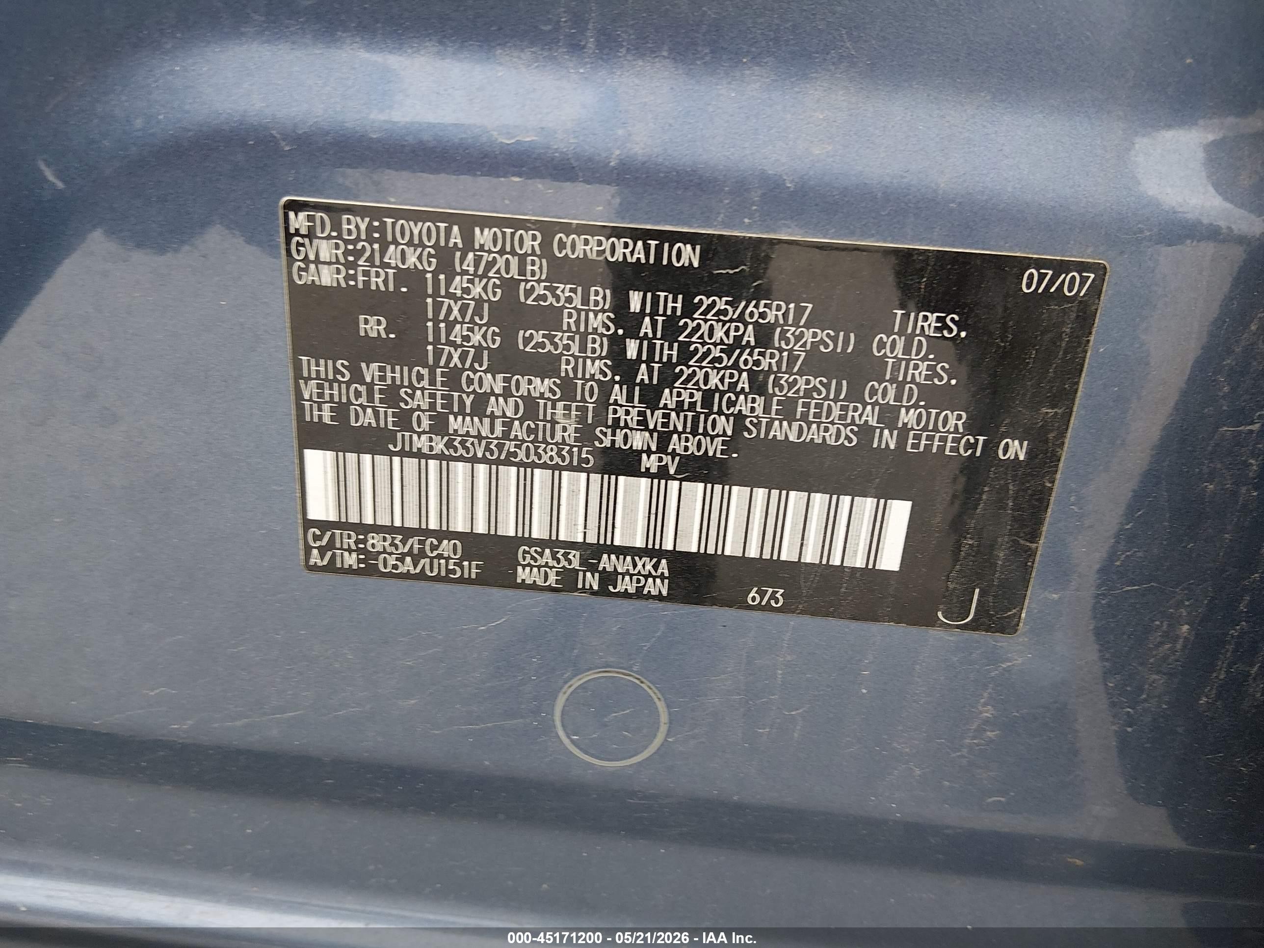 2007 Toyota Rav4 Base V6 Blue vin: JTMBK33V375038315