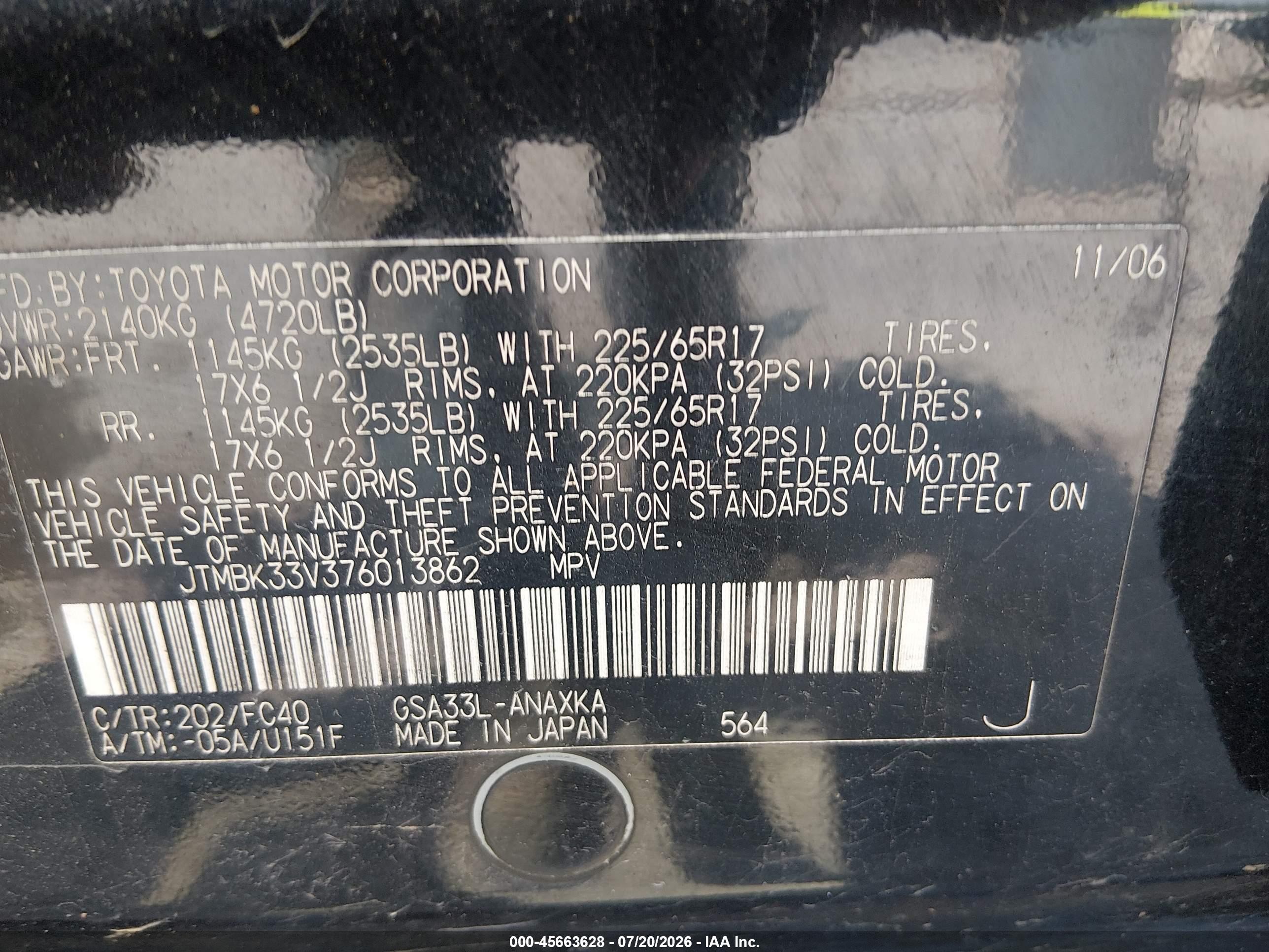 2007 Toyota Rav4 Base V6 (a5) Black vin: JTMBK33V376013862