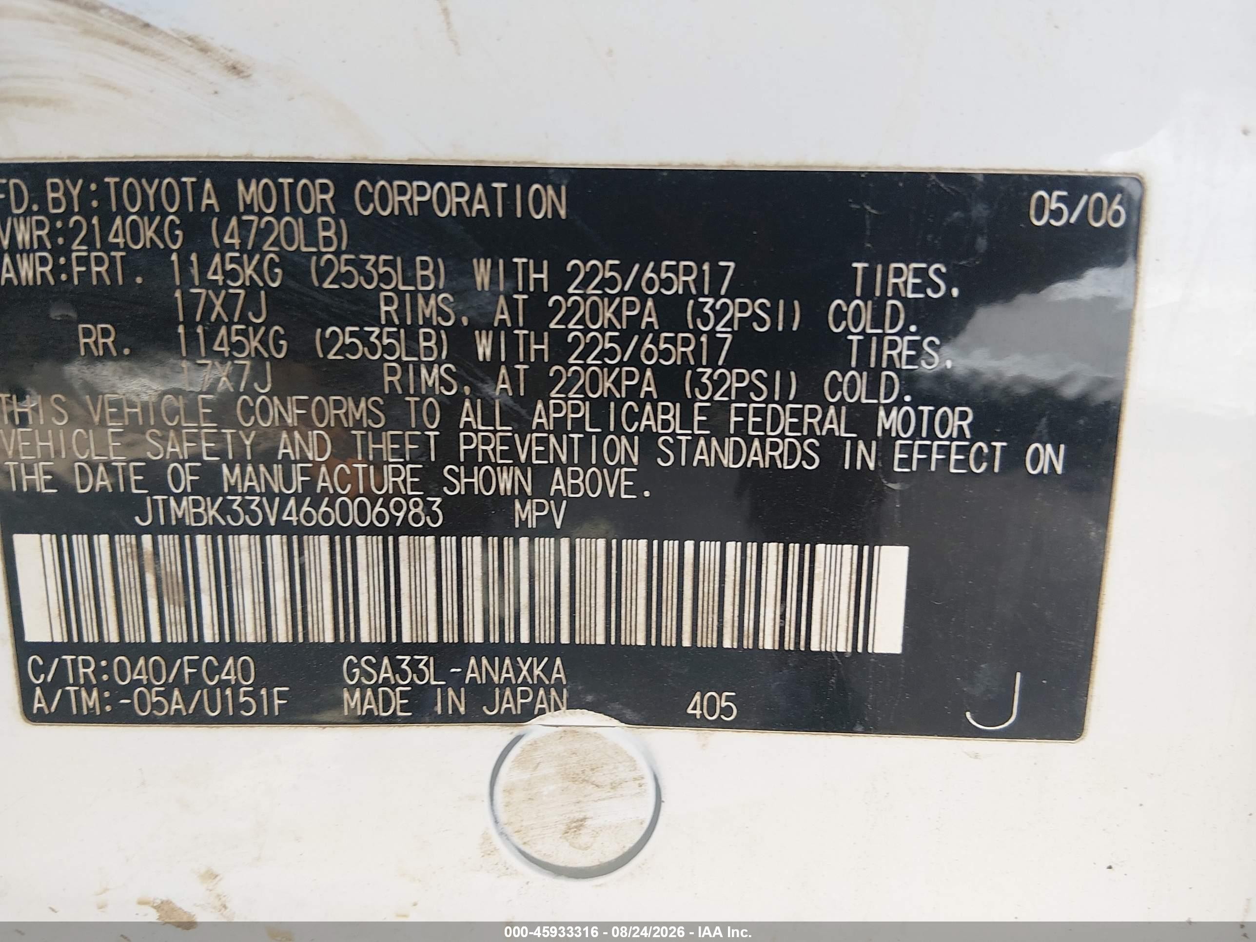 2006 Toyota Rav4 Base V6 Белый vin: JTMBK33V466006983