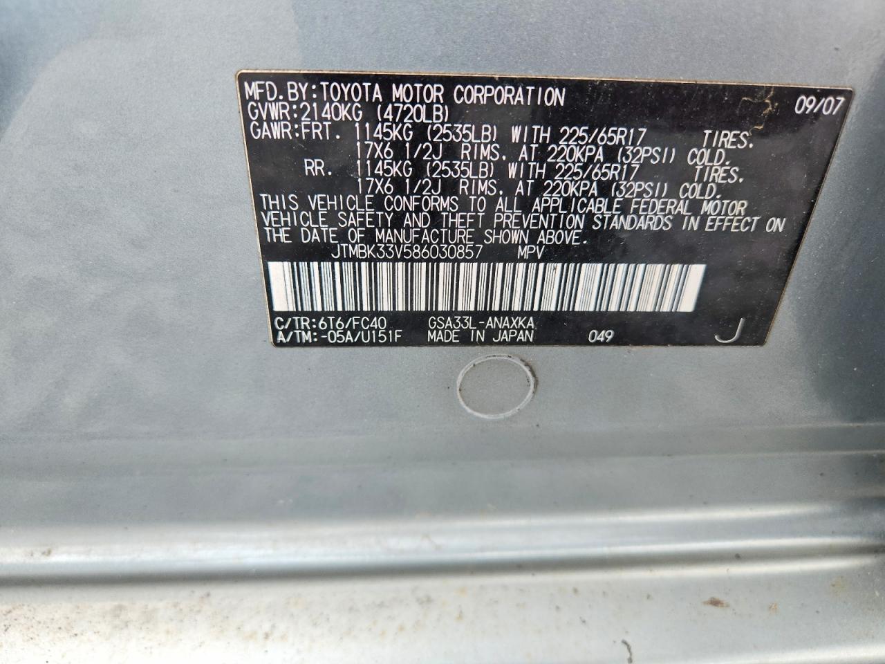 2008 Toyota Rav4 Green vin: JTMBK33V586030857