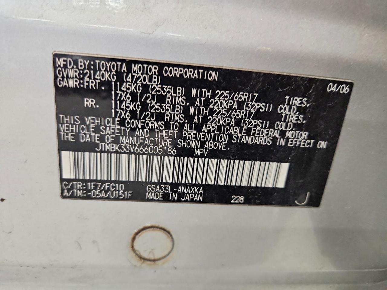 2006 Toyota Rav4 Base Silver vin: JTMBK33V666005186