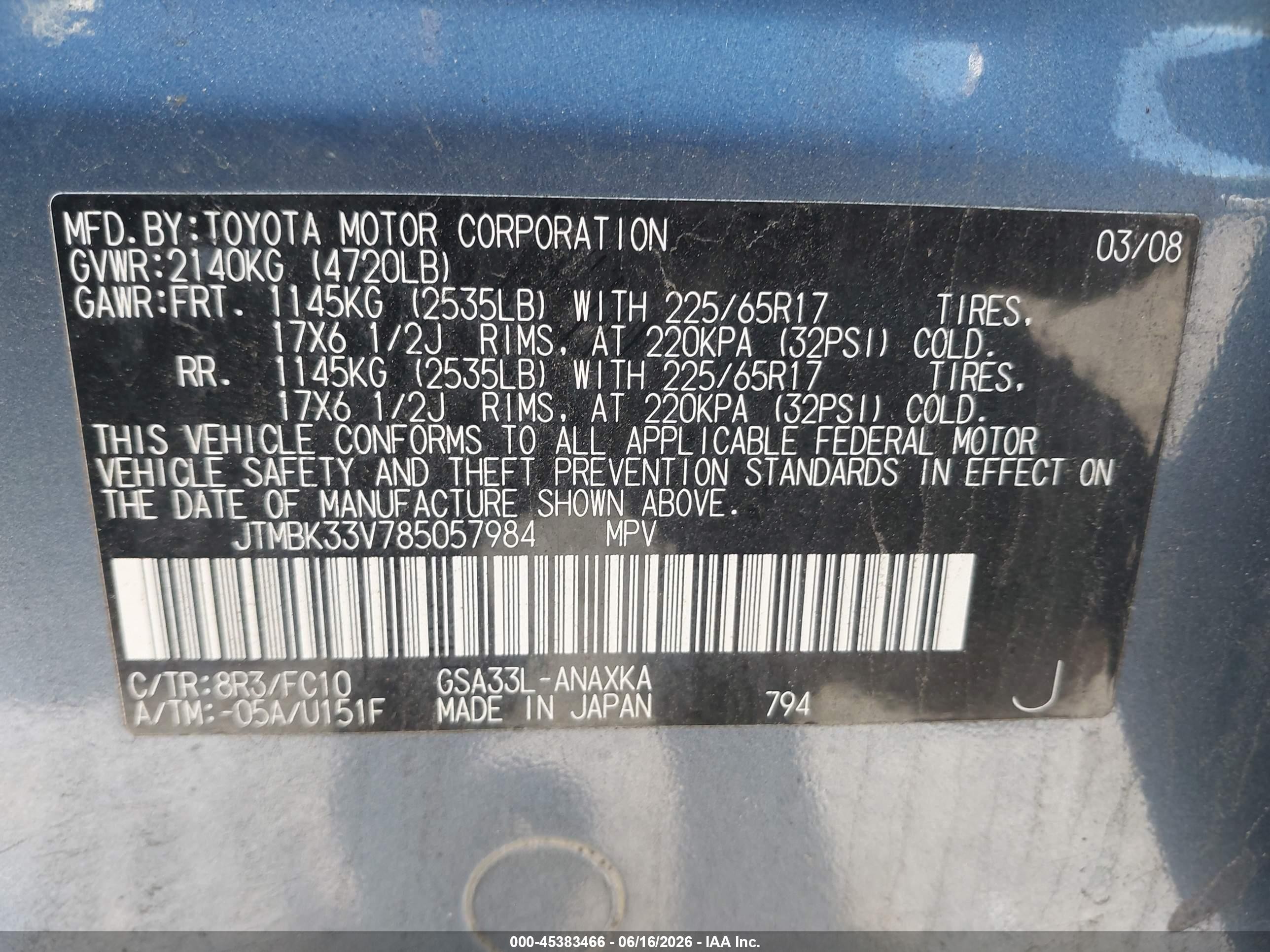 2008 Toyota Rav4 Base V6 Blue vin: JTMBK33V785057984