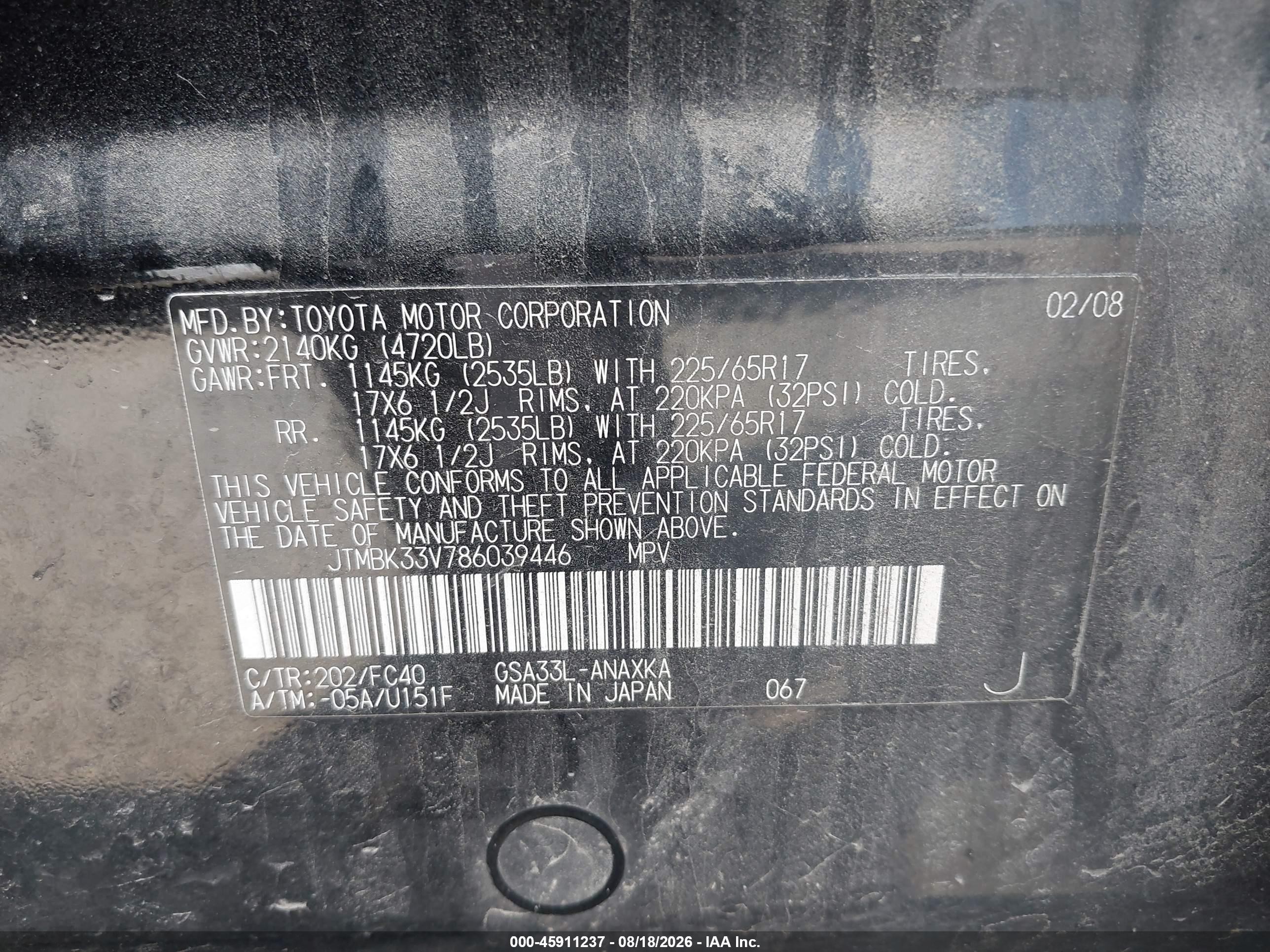 2008 Toyota Rav4 Base V6 Black vin: JTMBK33V786039446