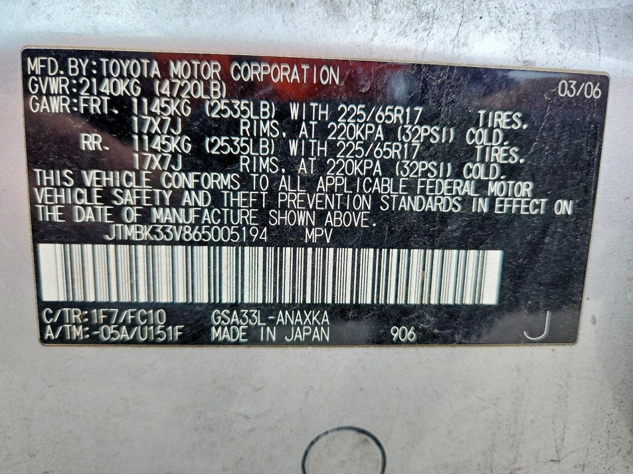 2006 Toyota Rav4 Base Silver vin: JTMBK33V865005194