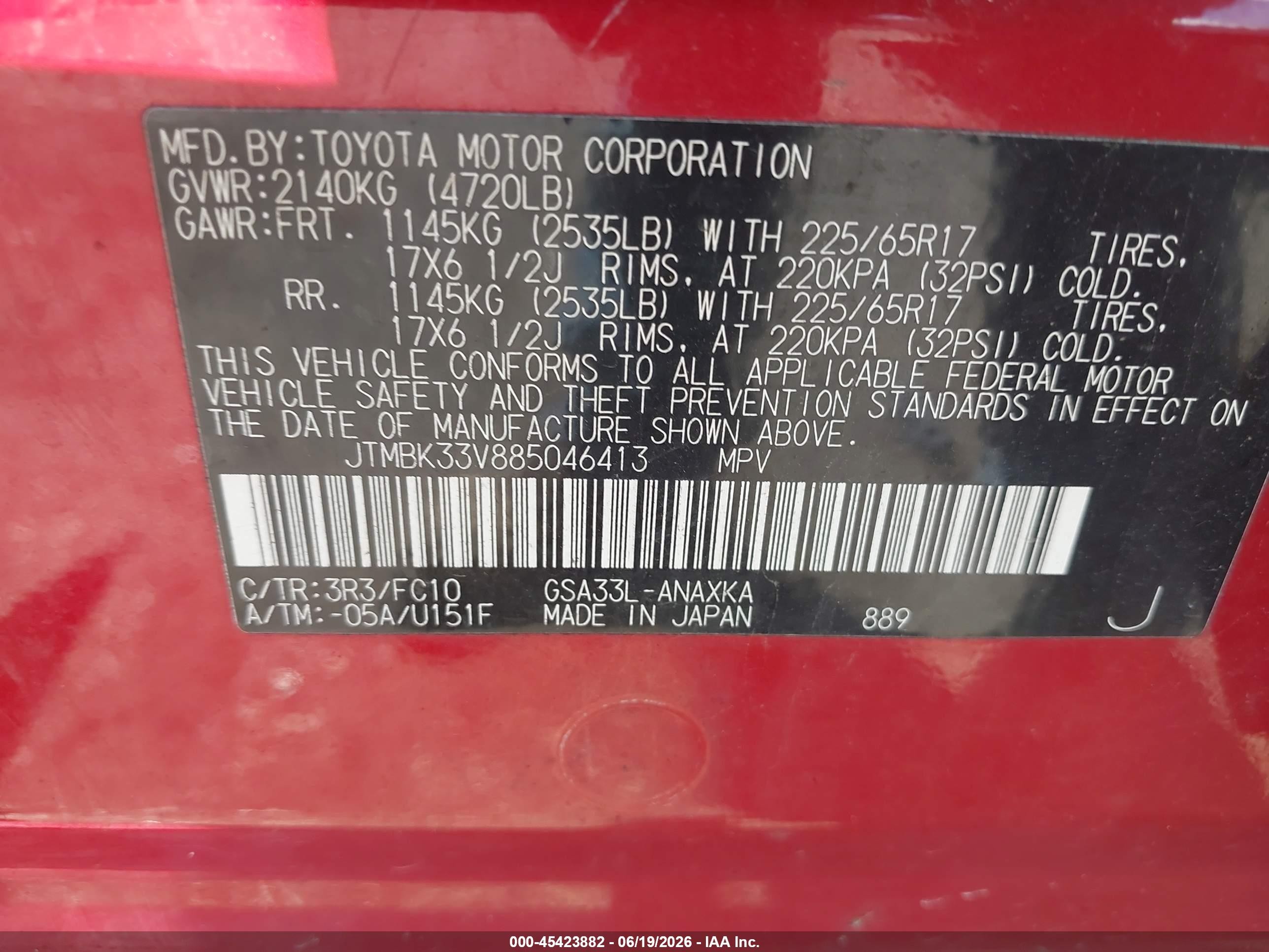 2008 Toyota Rav4 Base V6 Red vin: JTMBK33V885046413