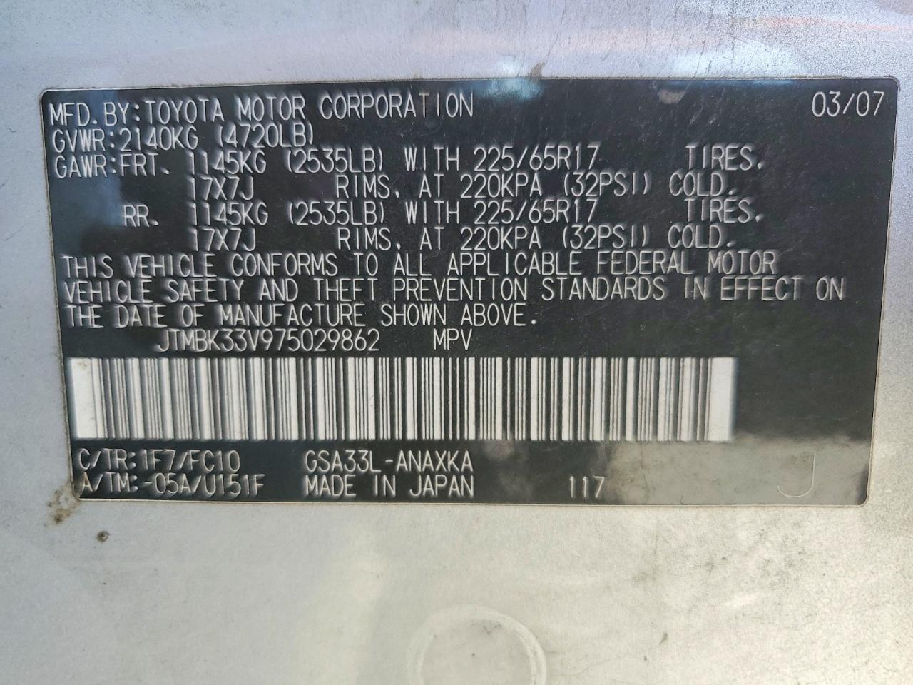 2007 Toyota Rav4 Base Silver vin: JTMBK33V975029862