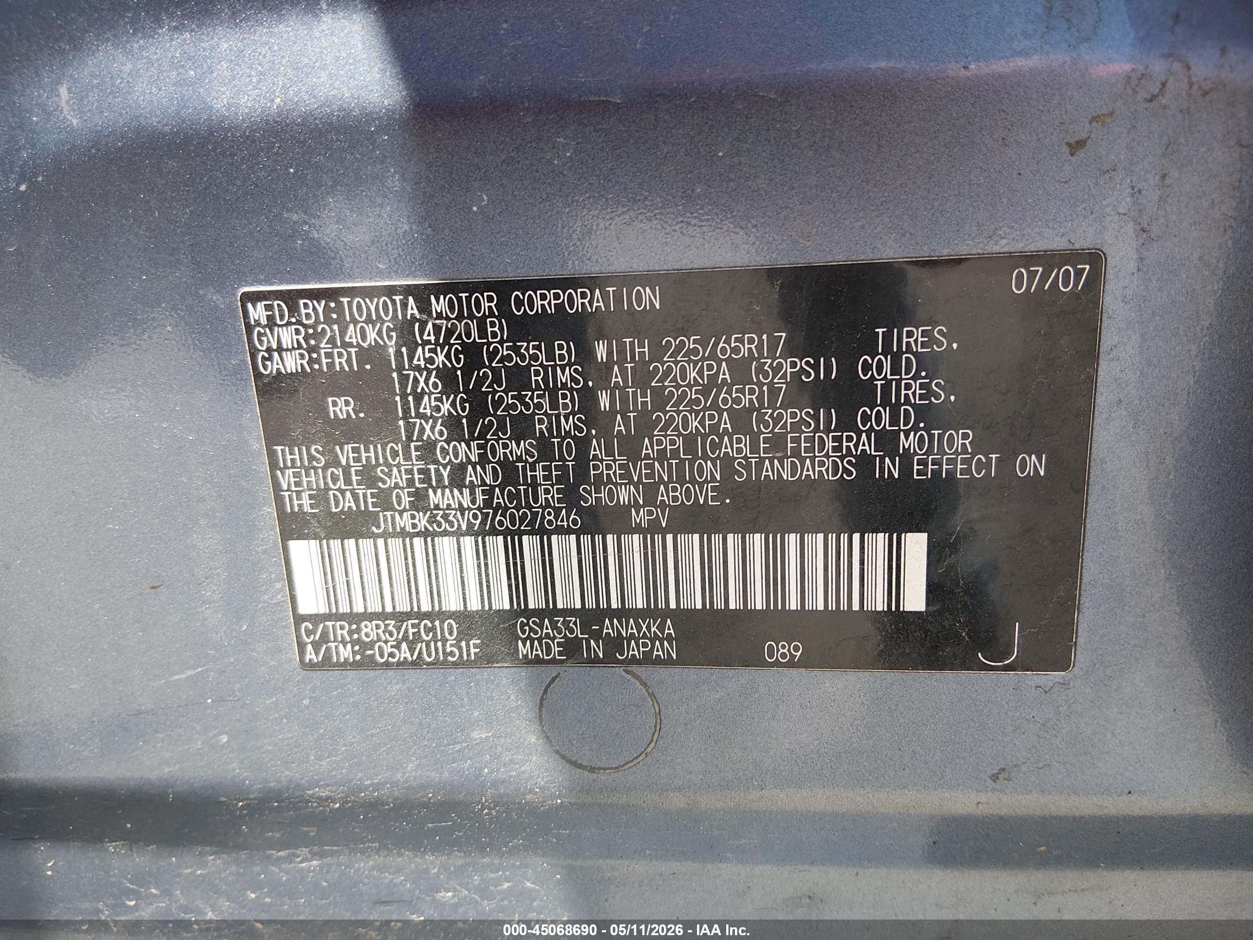 2007 Toyota Rav4 Base V6 Blue vin: JTMBK33V976027846