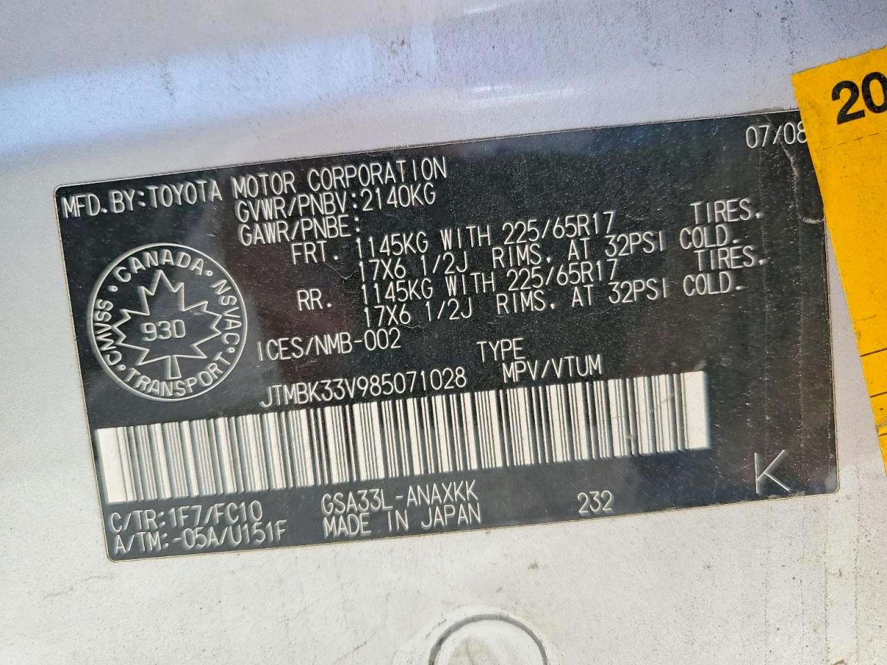 2008 Toyota Rav4 Base Silver vin: JTMBK33V985071028