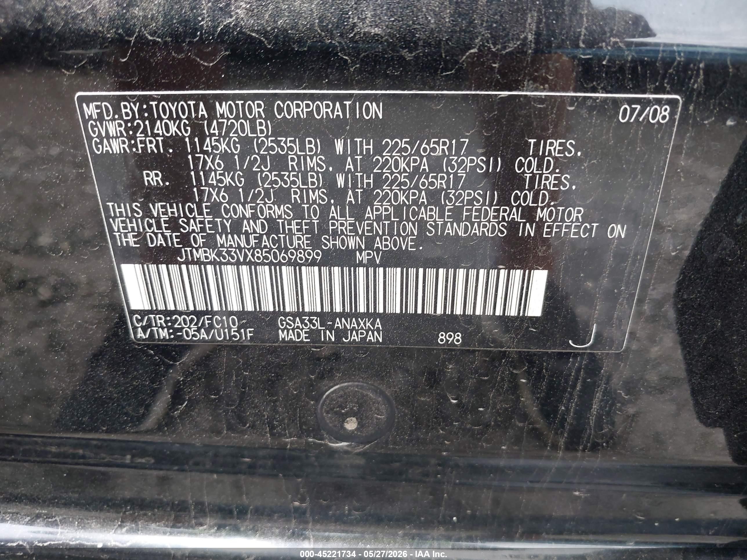 2008 Toyota Rav4 Base V6 Black vin: JTMBK33VX85069899