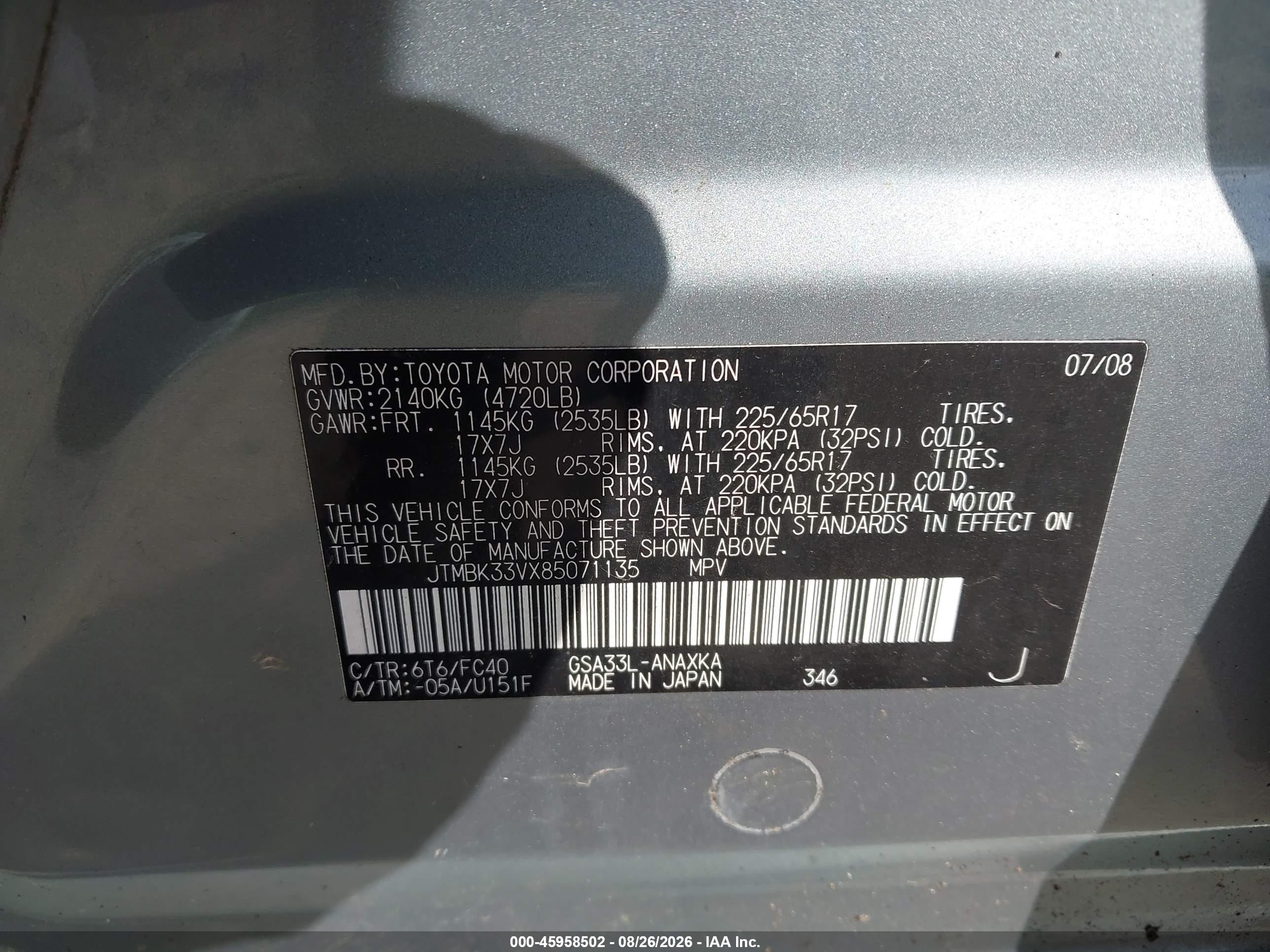 2008 Toyota Rav4 Base V6 Light Blue vin: JTMBK33VX85071135