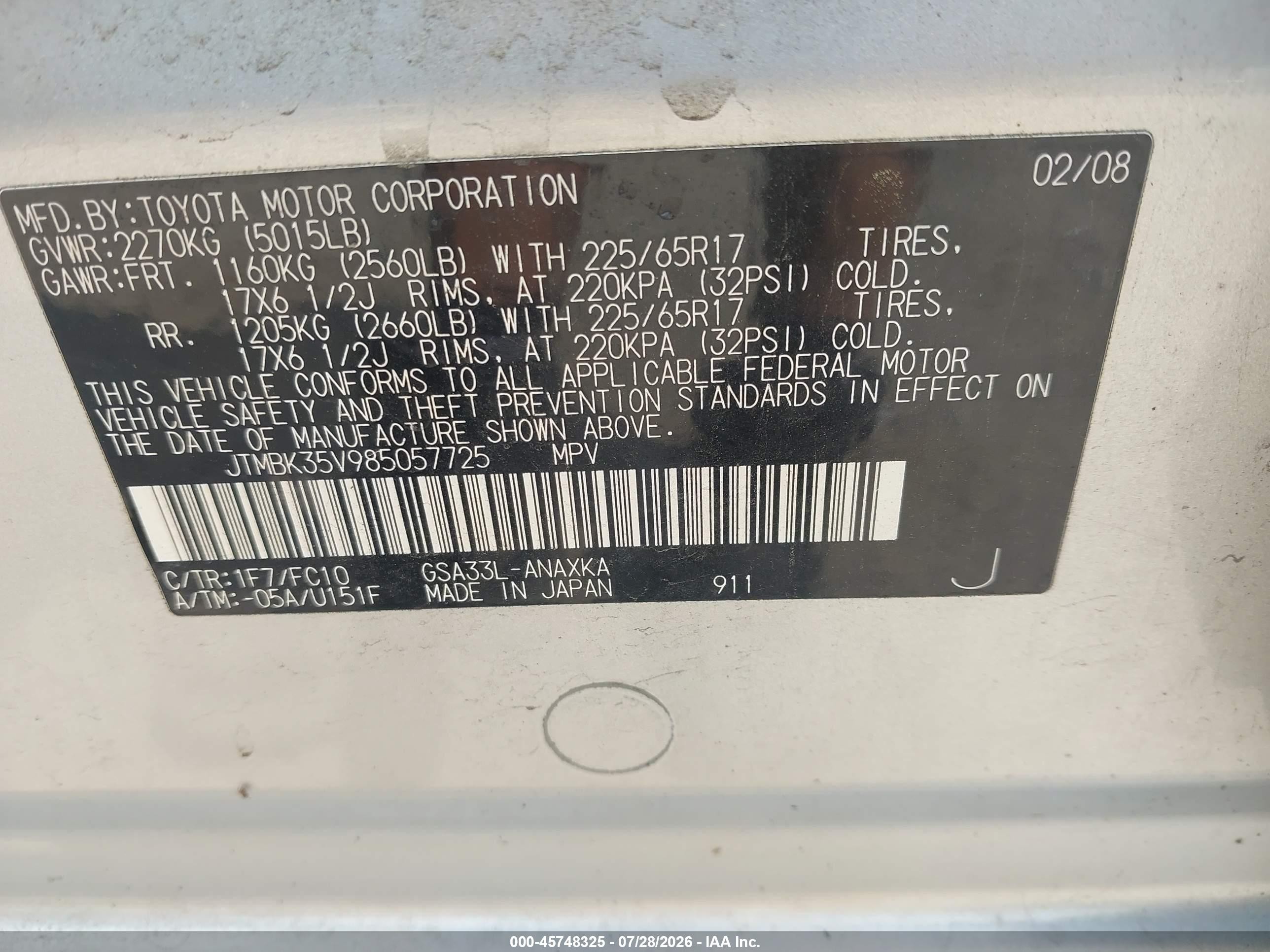 2008 Toyota Rav4 Base V6 Silver vin: JTMBK35V985057725