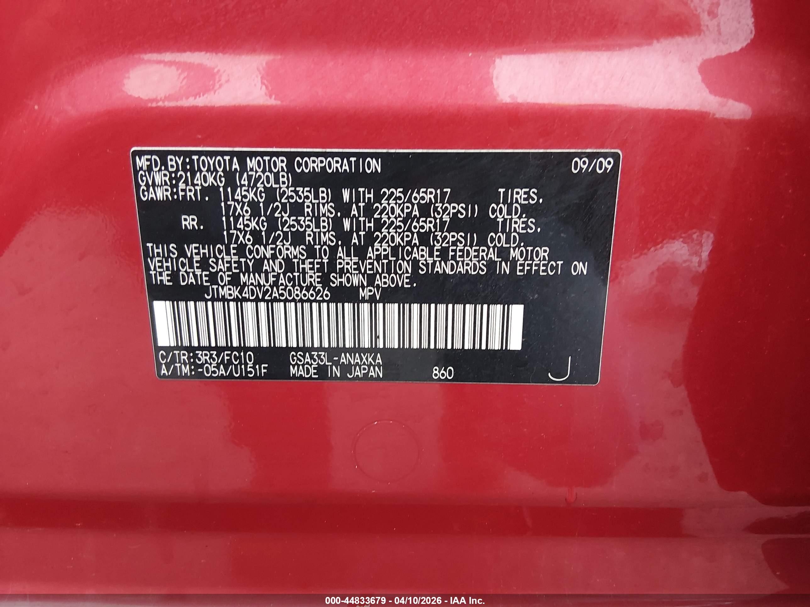 2010 Toyota Rav4 Base V6 Red vin: JTMBK4DV2A5086626