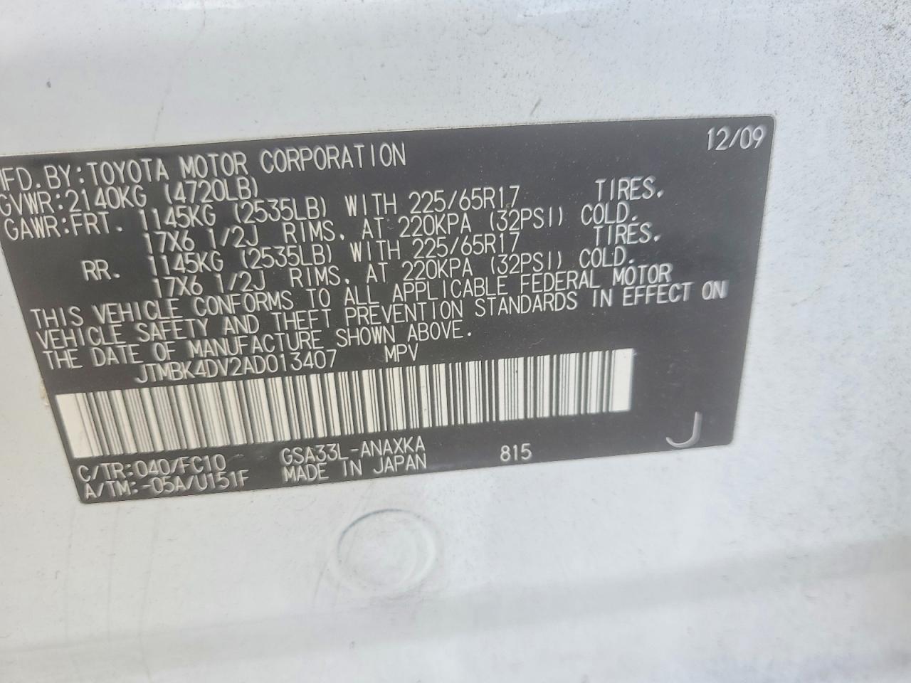 2010 Toyota Rav4 Base White vin: JTMBK4DV2AD013407