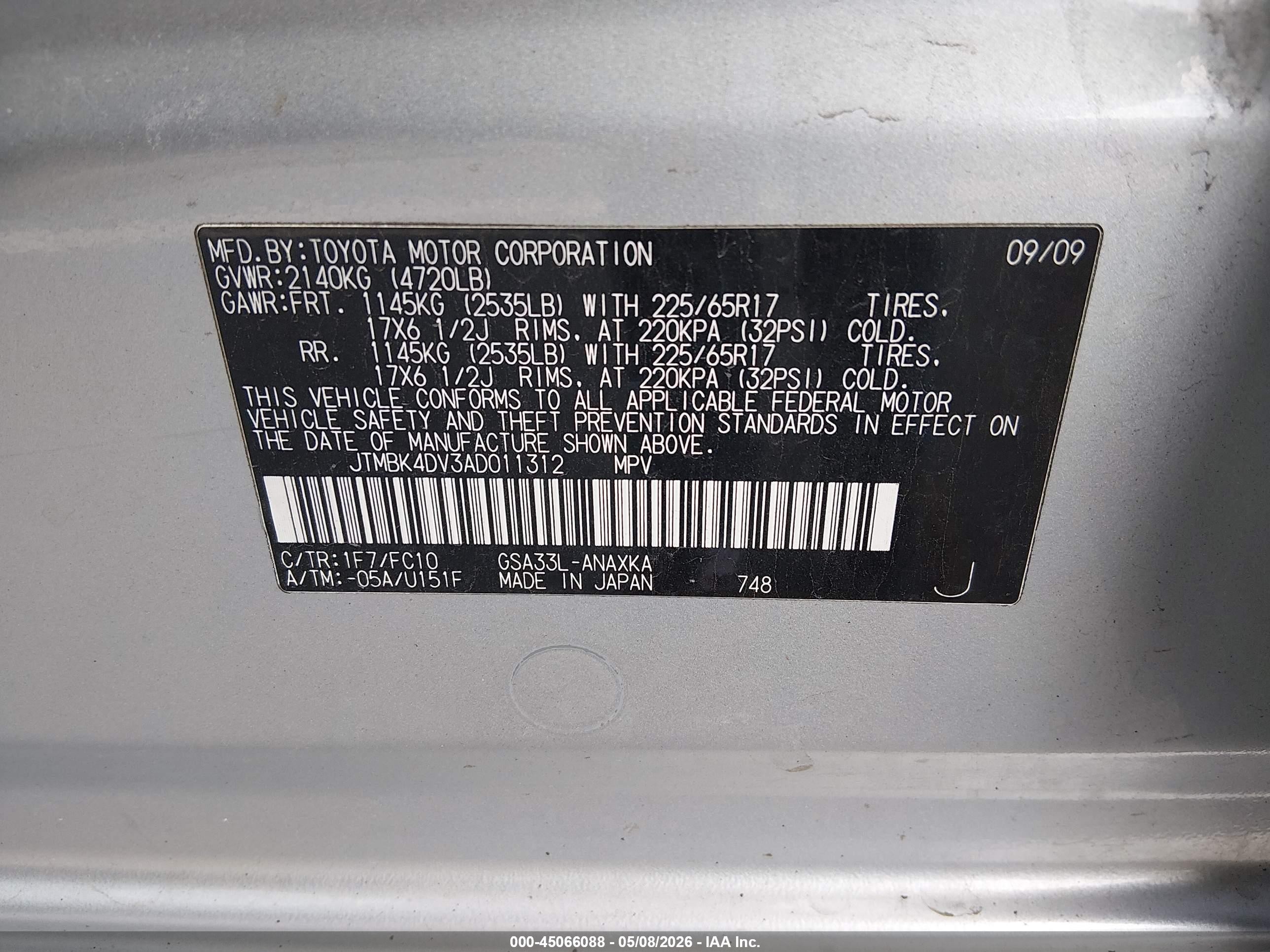2010 Toyota Rav4 Base V6 Silver vin: JTMBK4DV3AD011312