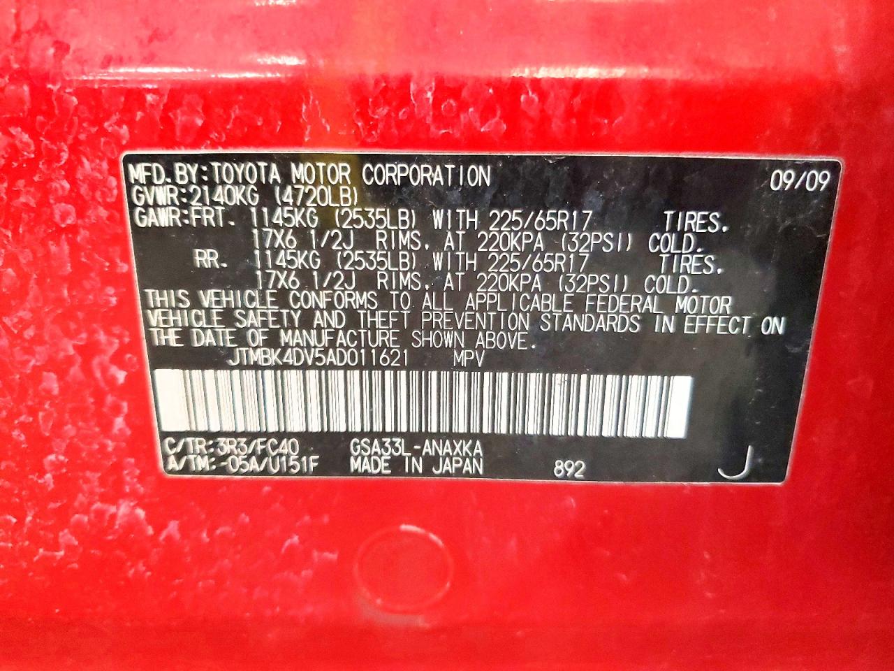 2010 Toyota Rav4 Base Red vin: JTMBK4DV5AD011621