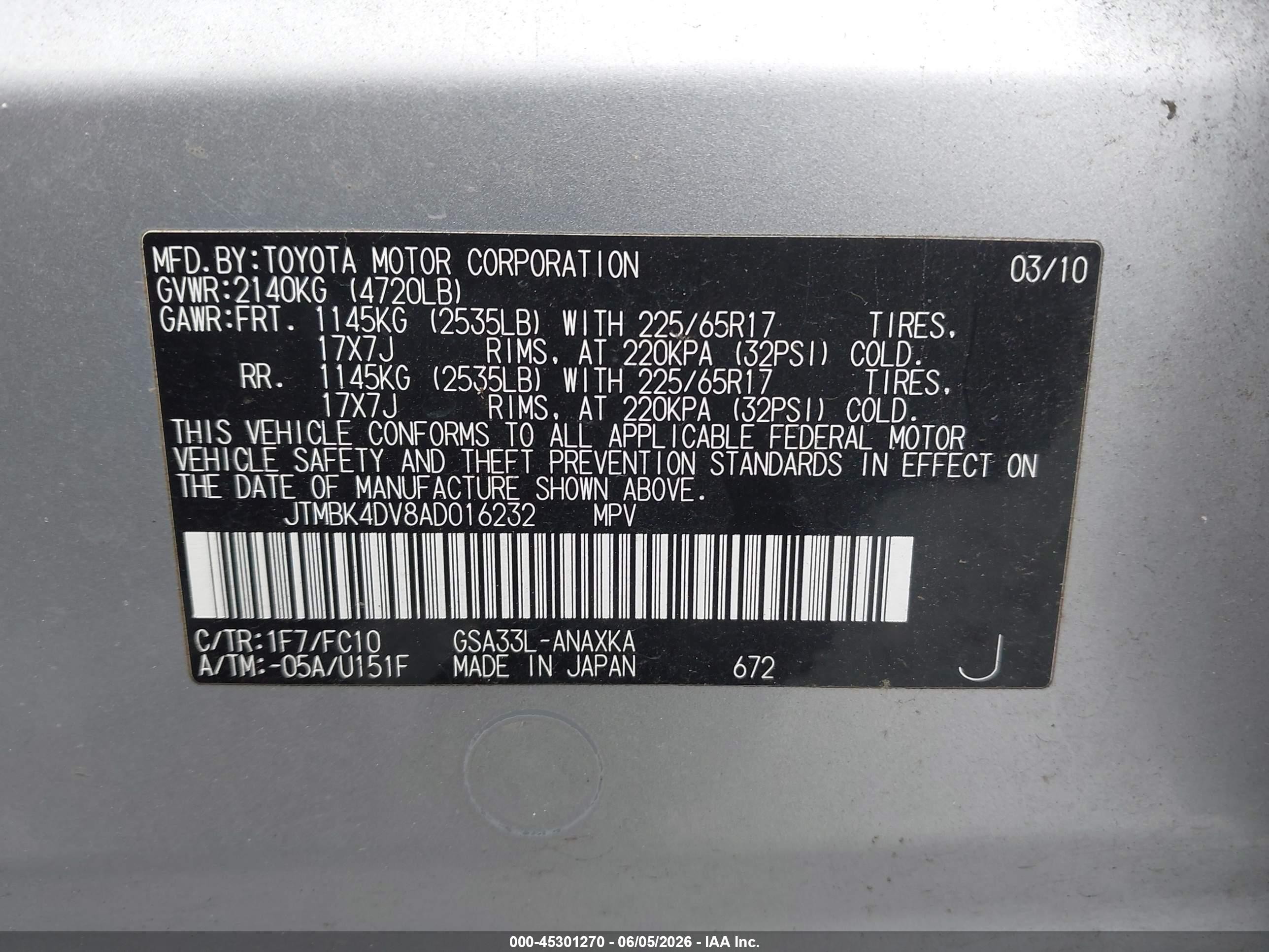 2010 Toyota Rav4 Base V6 Silver vin: JTMBK4DV8AD016232