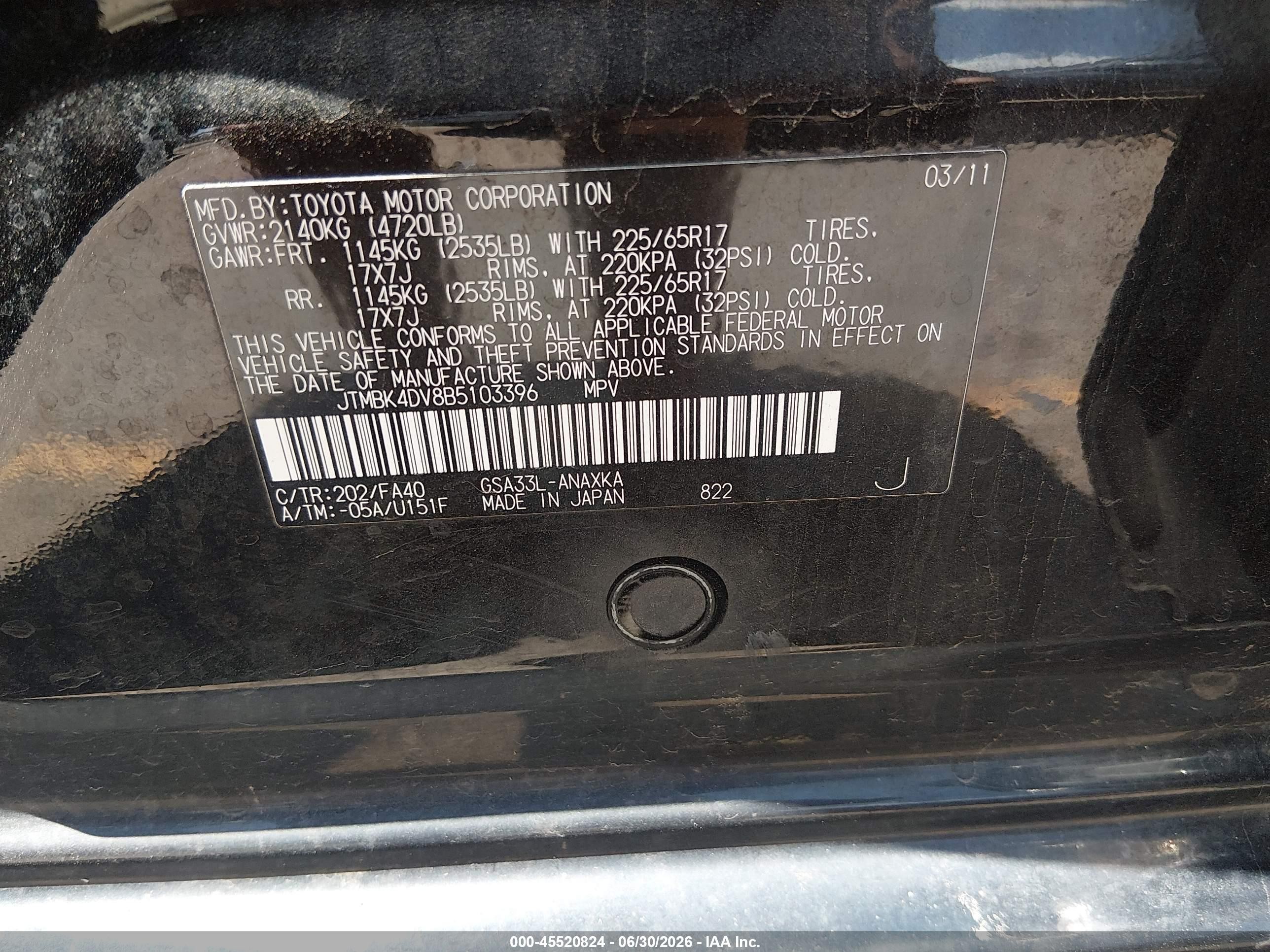 2011 Toyota Rav4 Base V6 Black vin: JTMBK4DV8B5103396