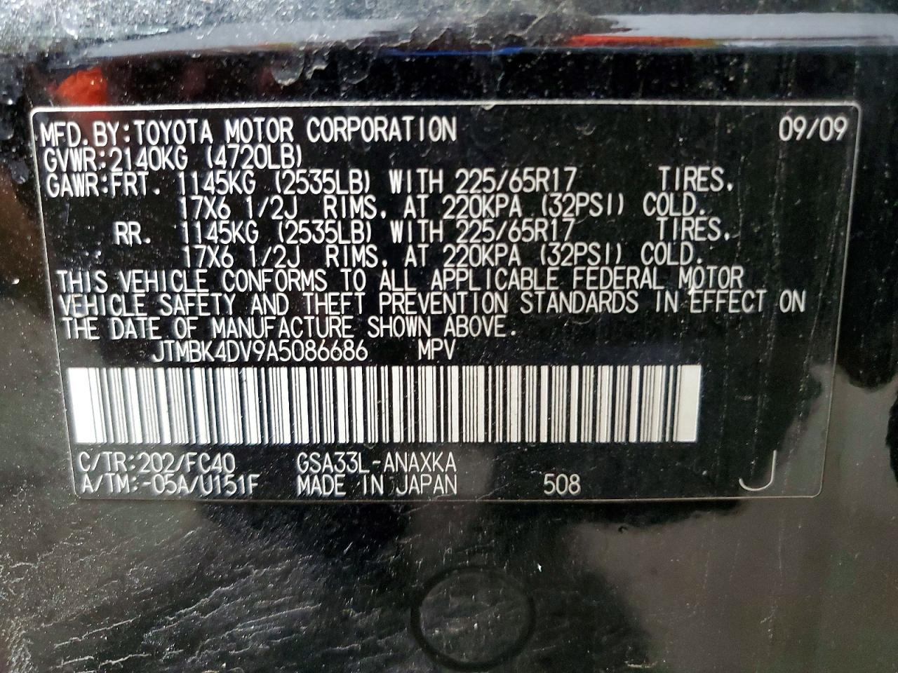 2010 Toyota Rav4 Base Black vin: JTMBK4DV9A5086686