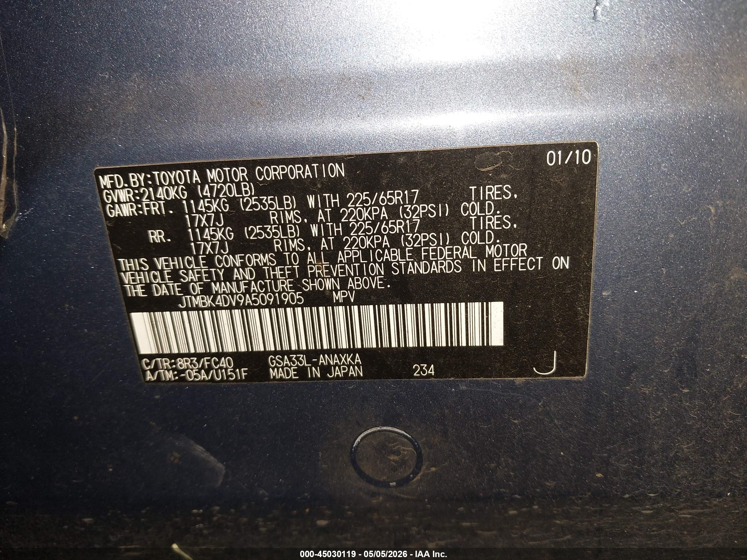 2010 Toyota Rav4 Base V6 Blue vin: JTMBK4DV9A5091905