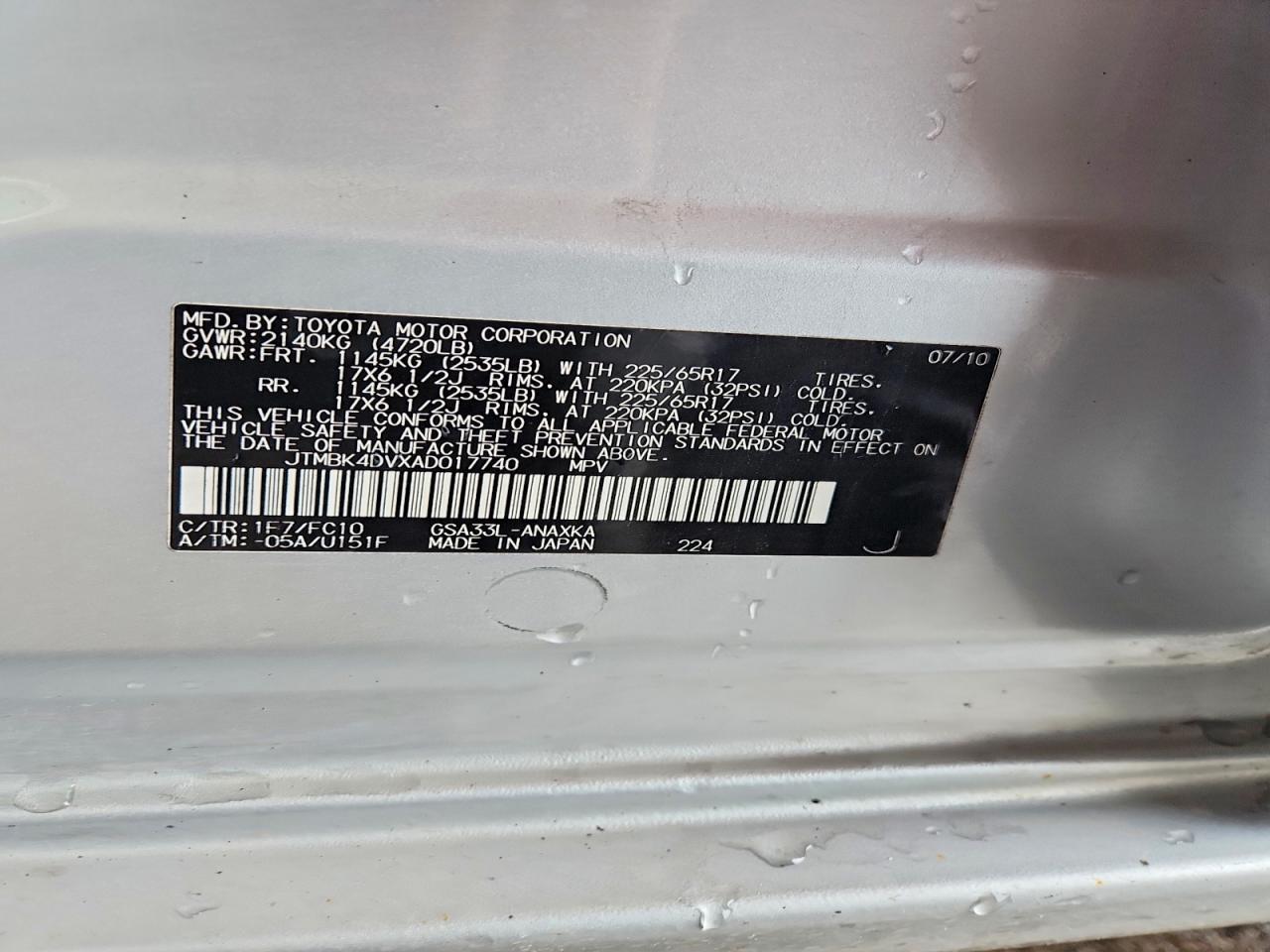 2010 Toyota Rav4 Base Silver vin: JTMBK4DVXAD017740