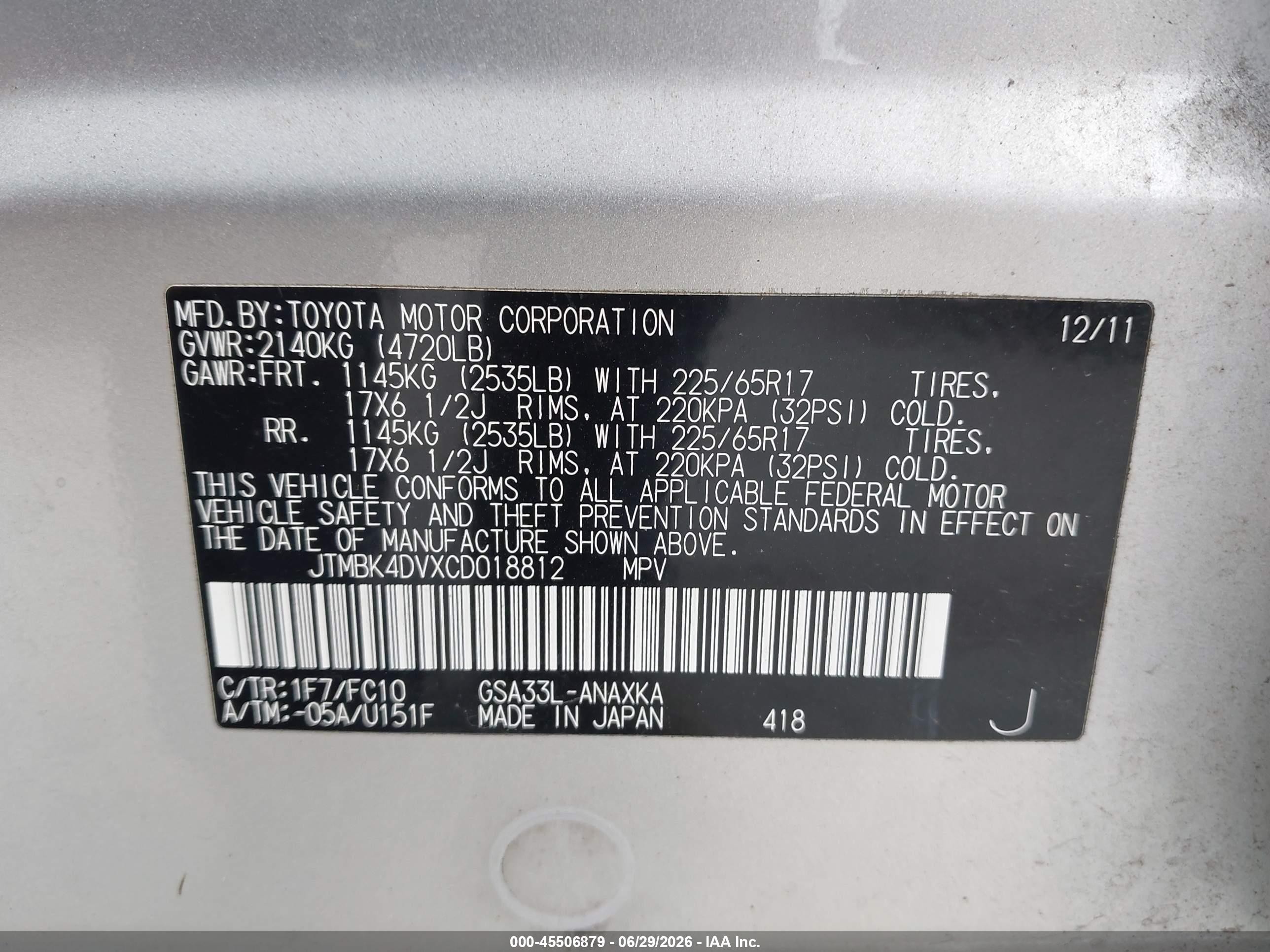 2012 Toyota Rav4 Base V6 Silver vin: JTMBK4DVXCD018812