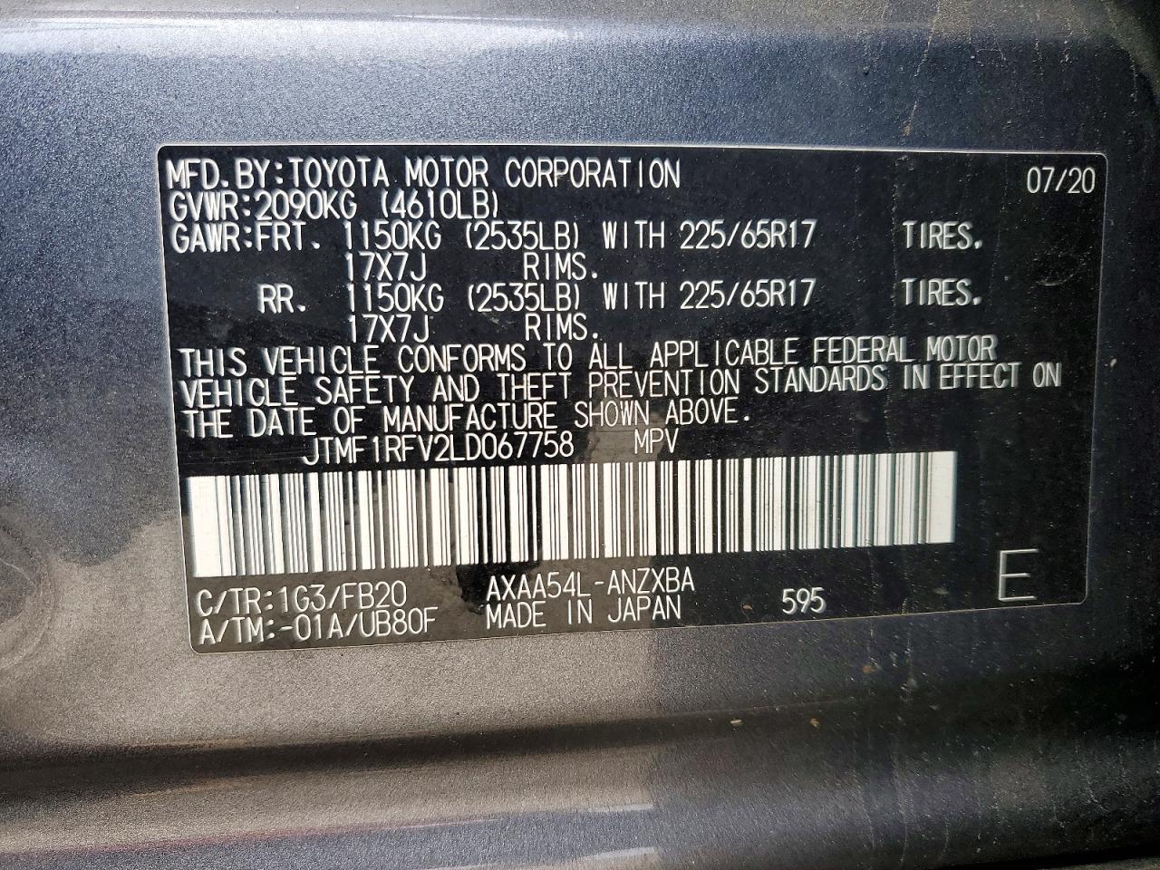 2020 Toyota Rav4 Le Gray vin: JTMF1RFV2LD067758