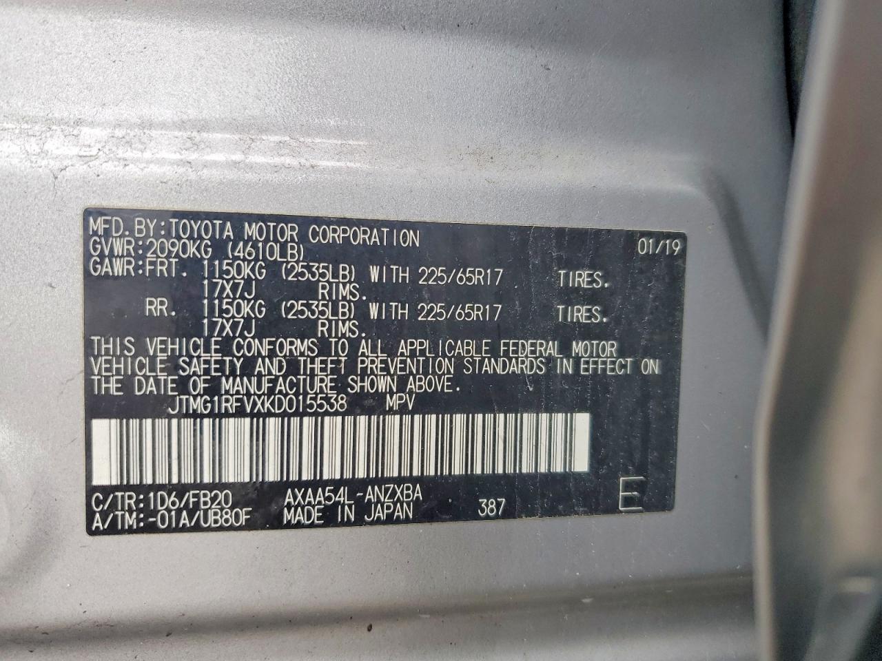 2019 Toyota Rav4 Le Silver vin: JTMG1RFVXKD015538
