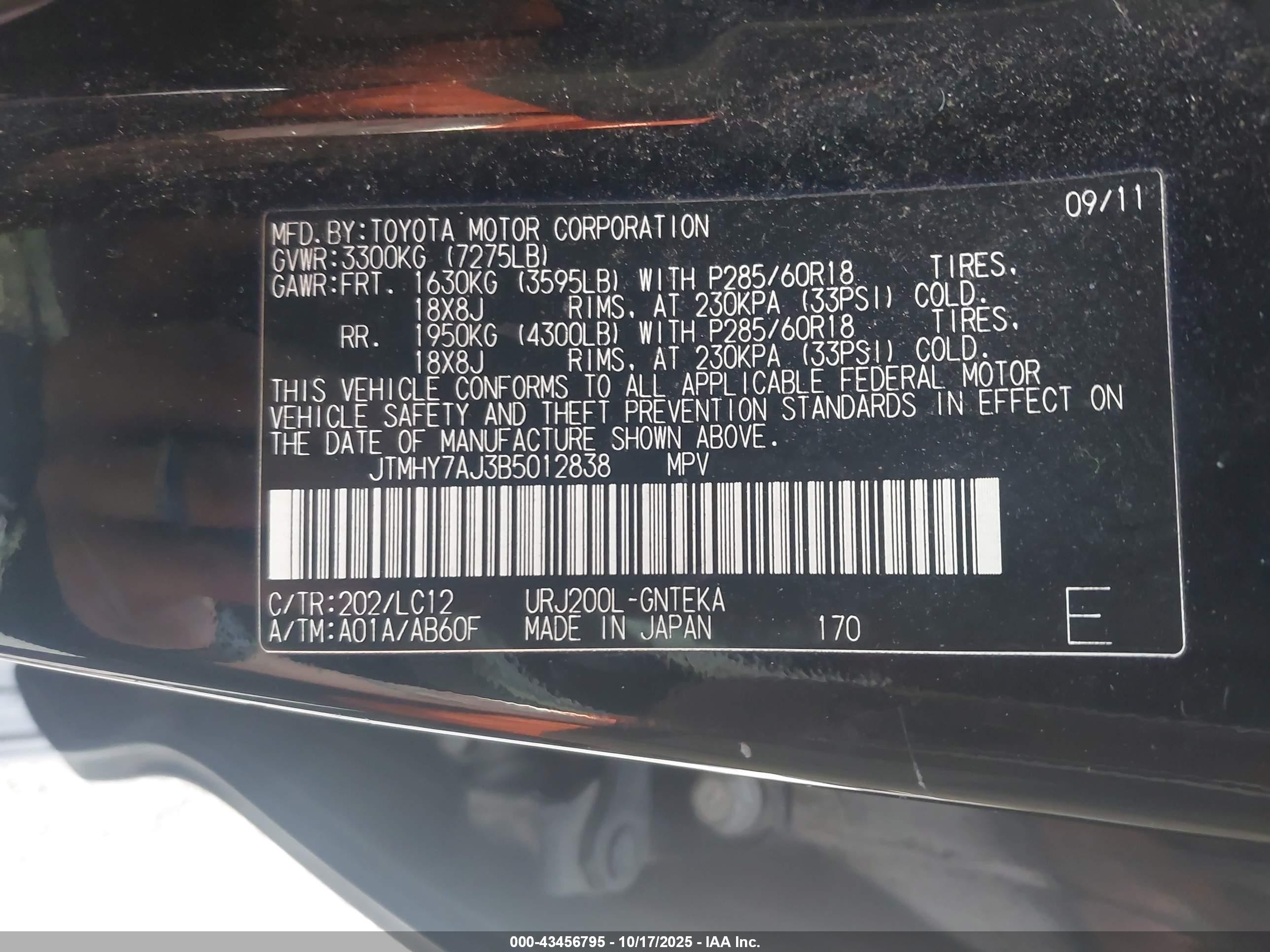 2011 Toyota Land Cruiser V8 Black vin: JTMHY7AJ3B5012838