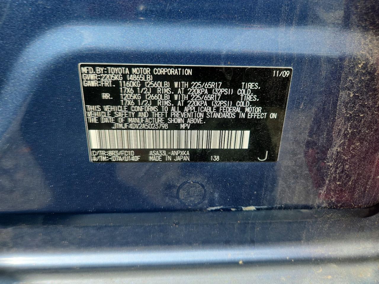 2010 Toyota Rav4 Base Blue vin: JTMJF4DV2A5023798