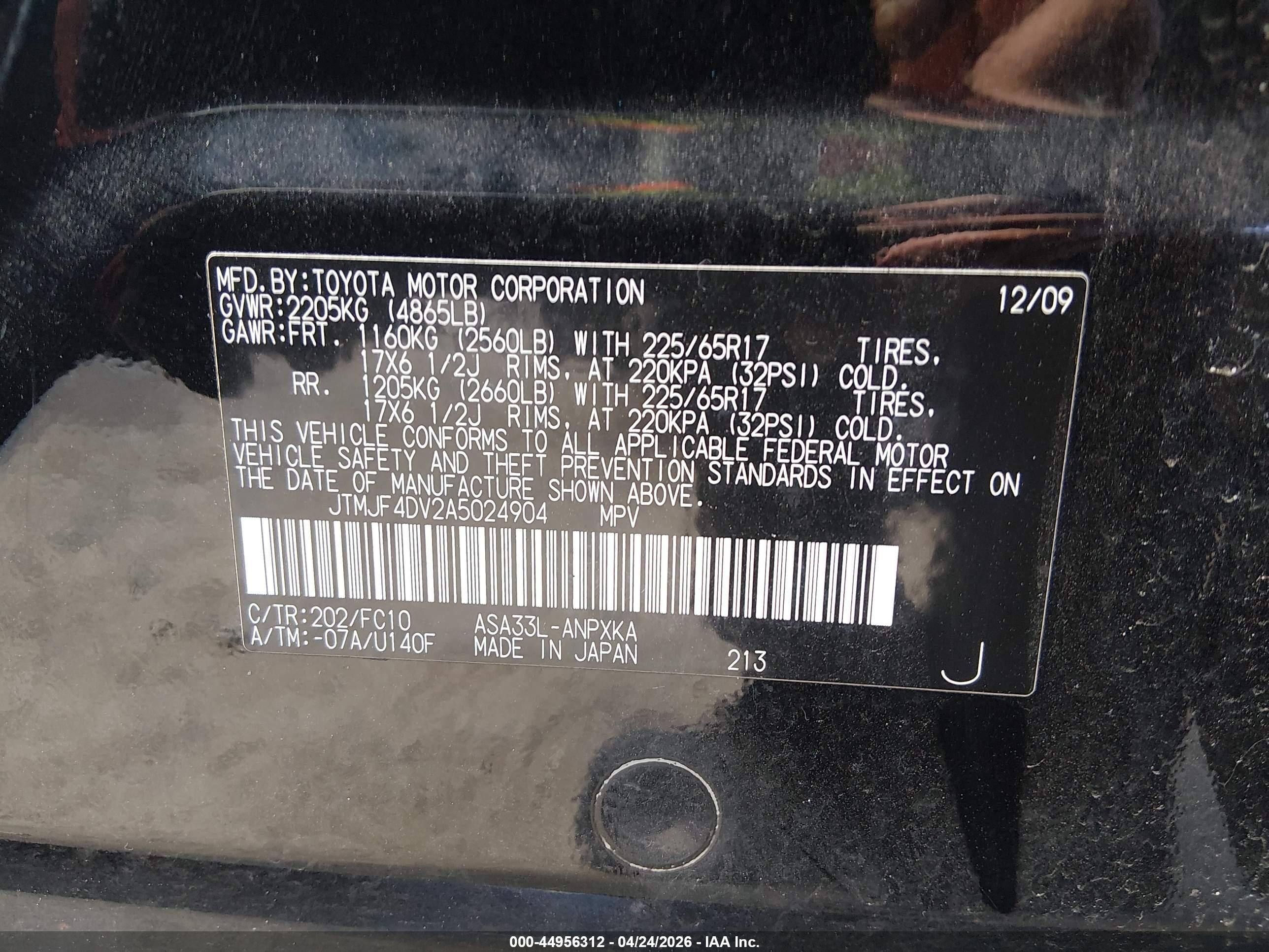 2010 Toyota Rav4   Black vin: JTMJF4DV2A5024904