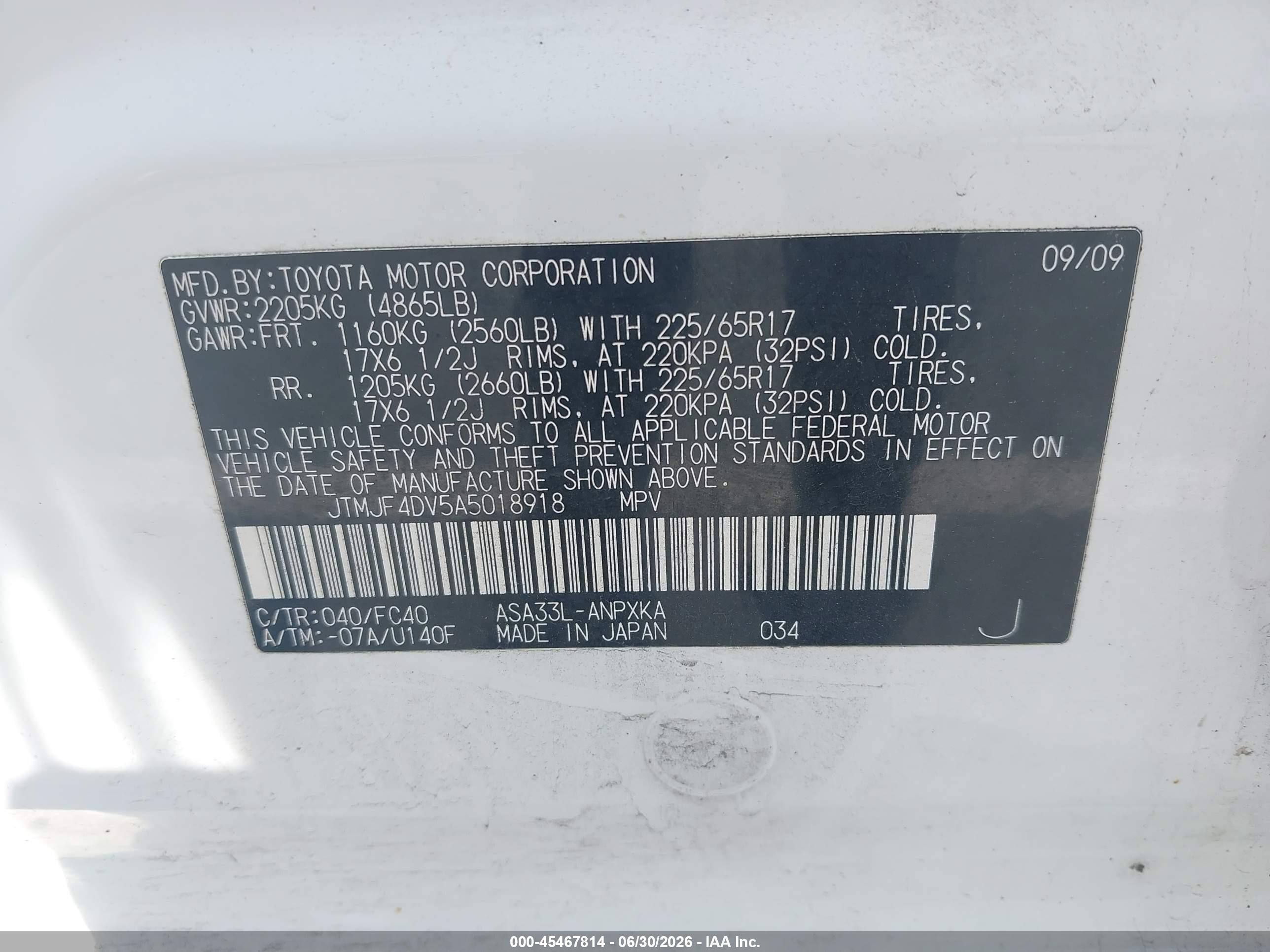 2010 Toyota Rav4   White vin: JTMJF4DV5A5018918