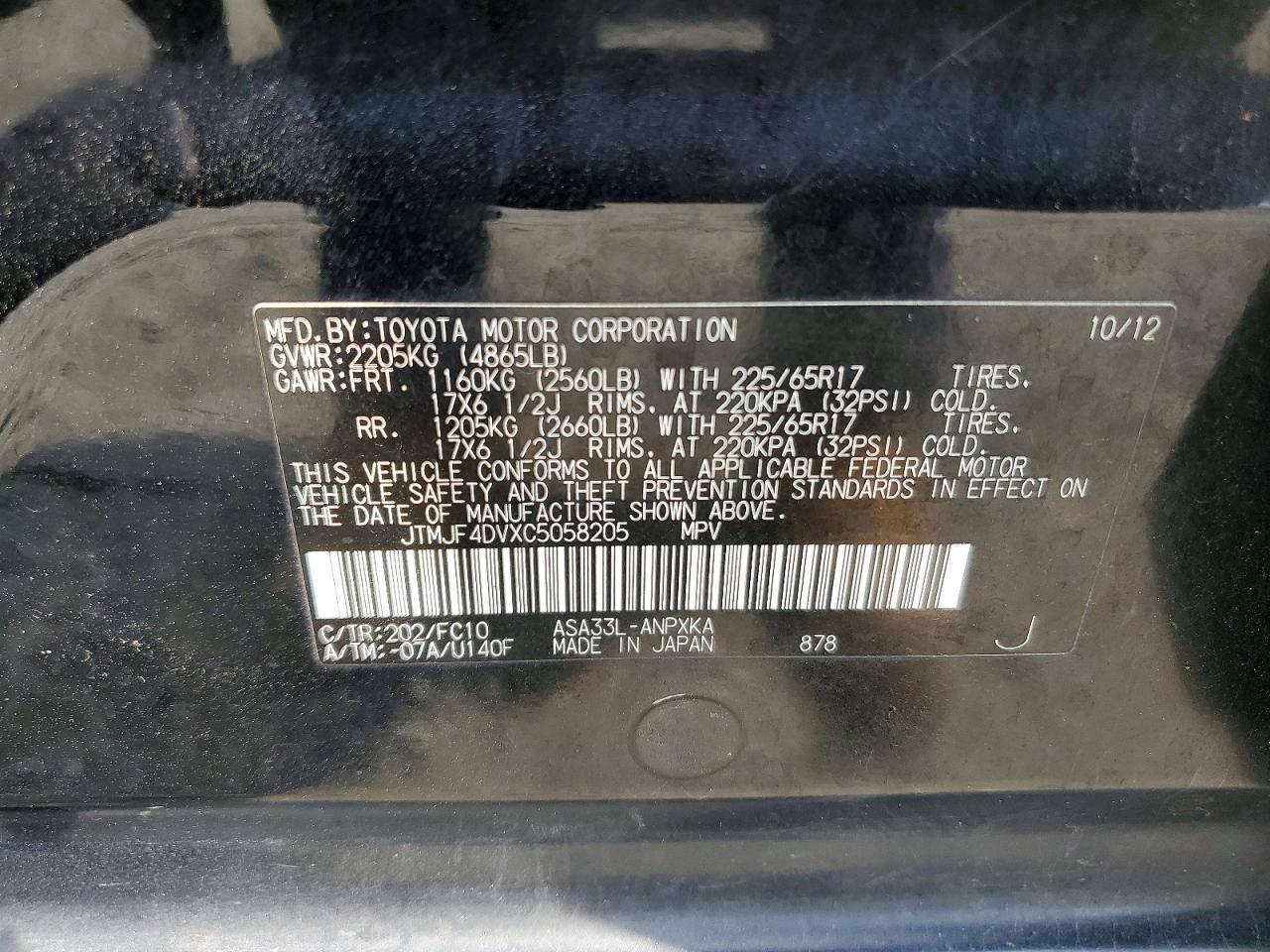 2012 Toyota Rav4 Base Black vin: JTMJF4DVXC5058205