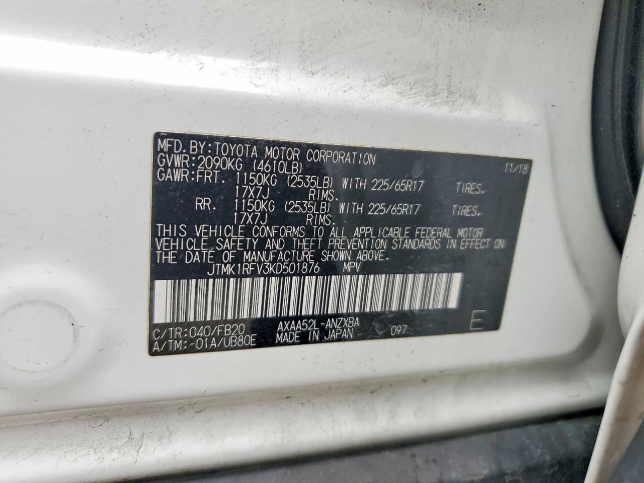 2019 Toyota Rav4 Le White vin: JTMK1RFV3KD501876