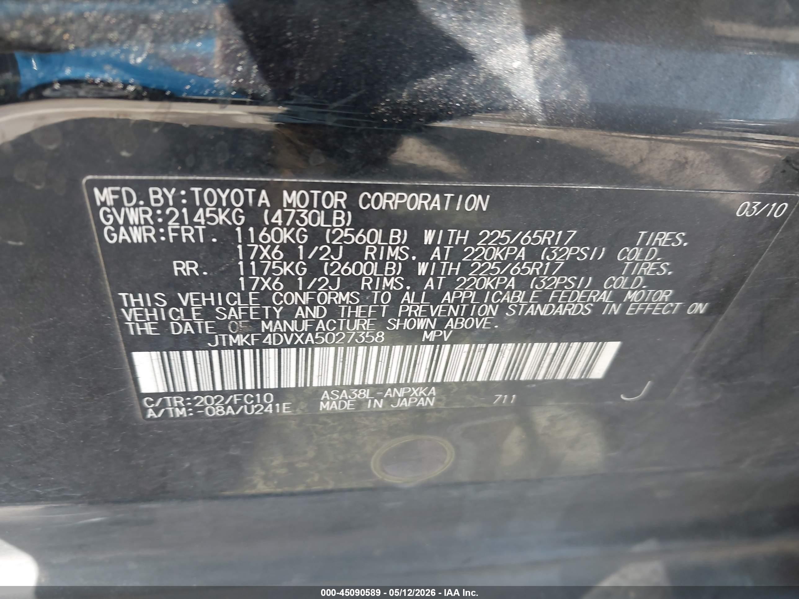 2010 Toyota Rav4   Black vin: JTMKF4DVXA5027358