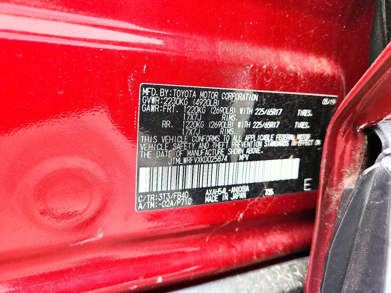 2019 Toyota Rav4 Le Red vin: JTMLWRFVXKD025874