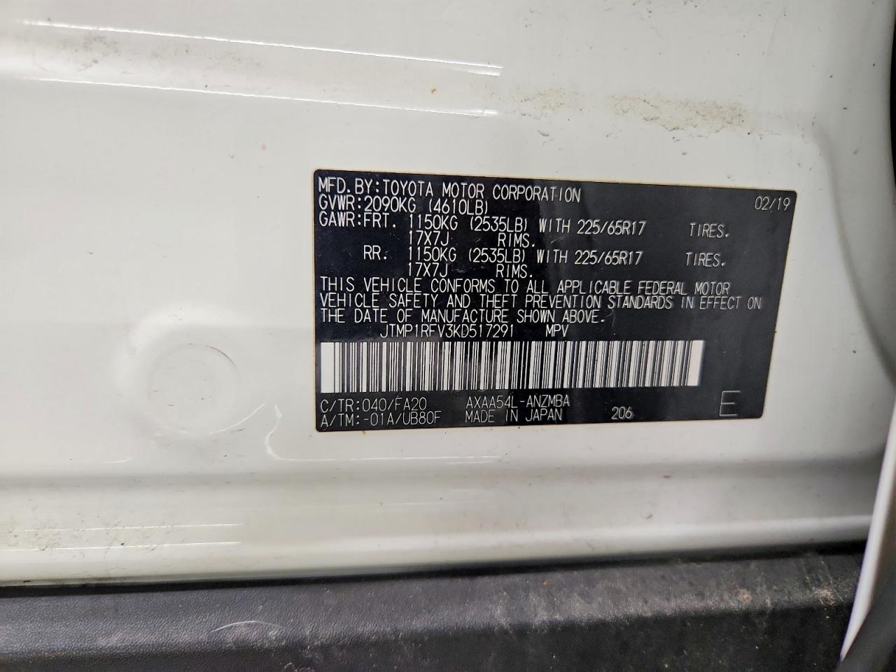 2019 Toyota Rav4 Xle White vin: JTMP1RFV3KD517291