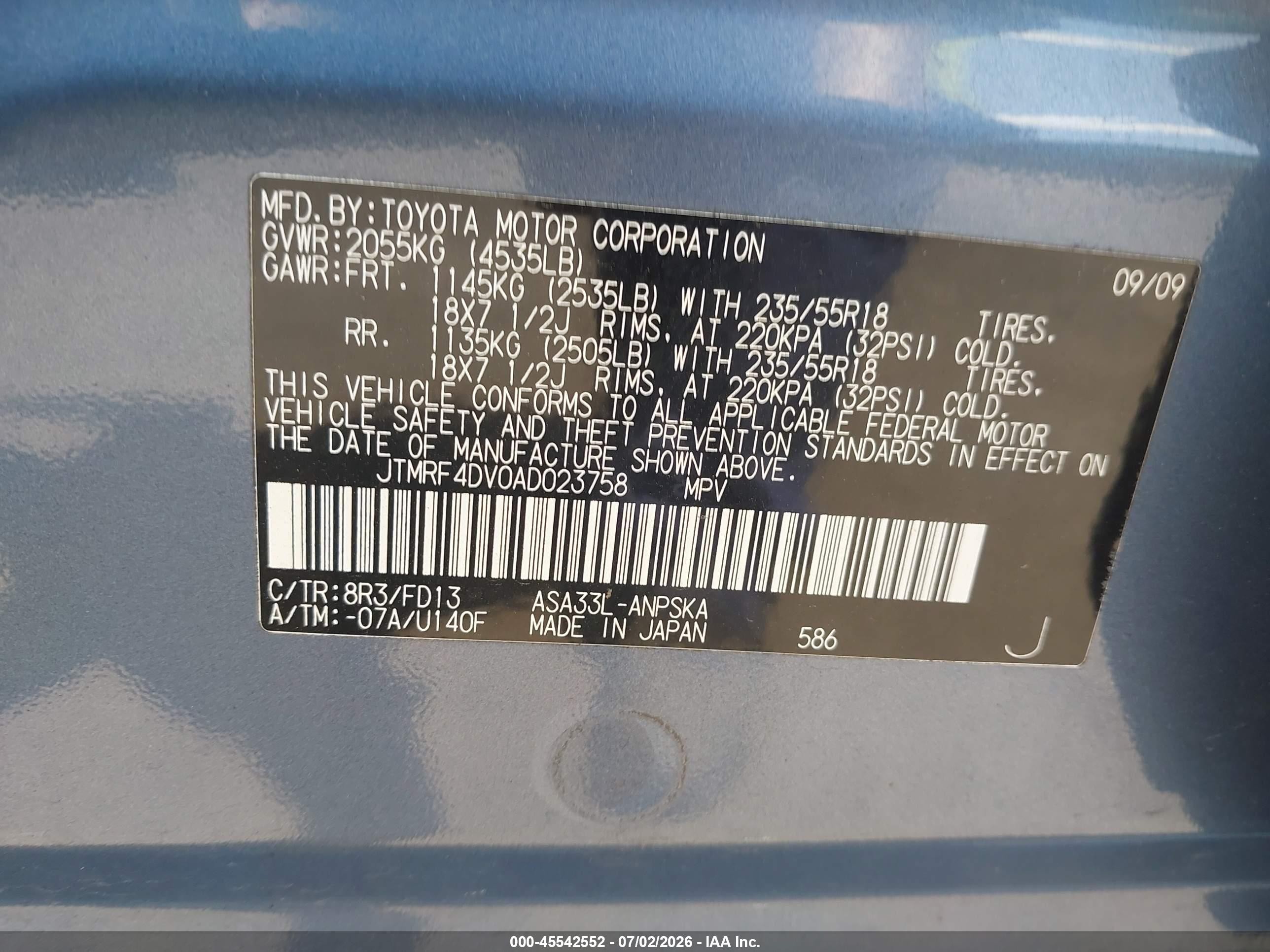 2010 Toyota Rav4 Sport Blue vin: JTMRF4DV0AD023758