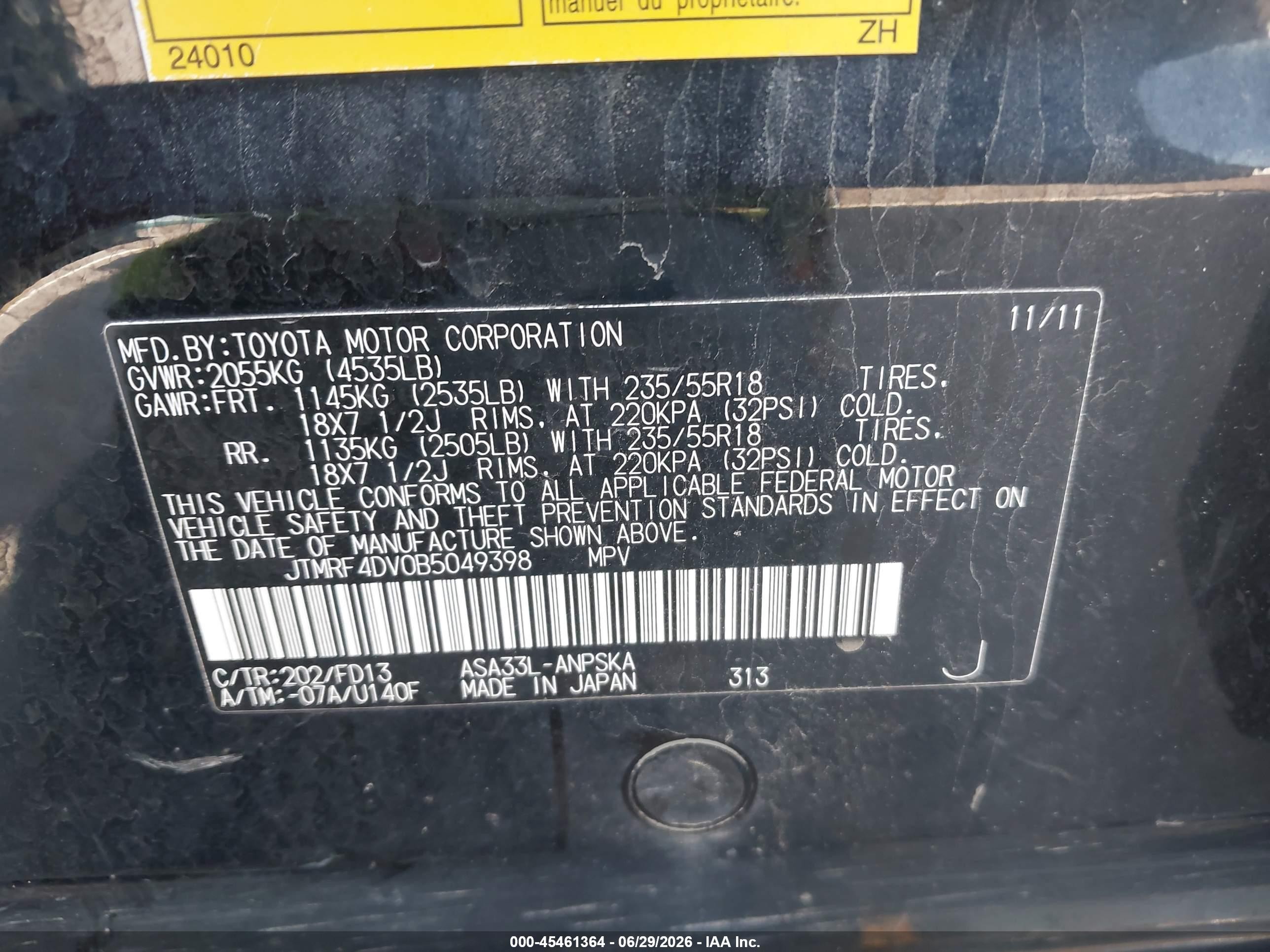 2011 Toyota Rav4 Sport Black vin: JTMRF4DV0B5049398