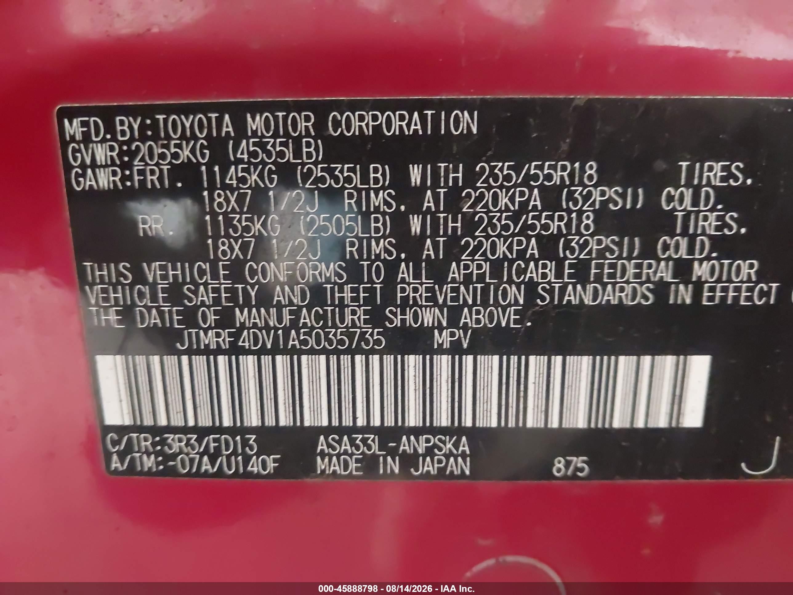 2010 Toyota Rav4 Sport Red vin: JTMRF4DV1A5035735