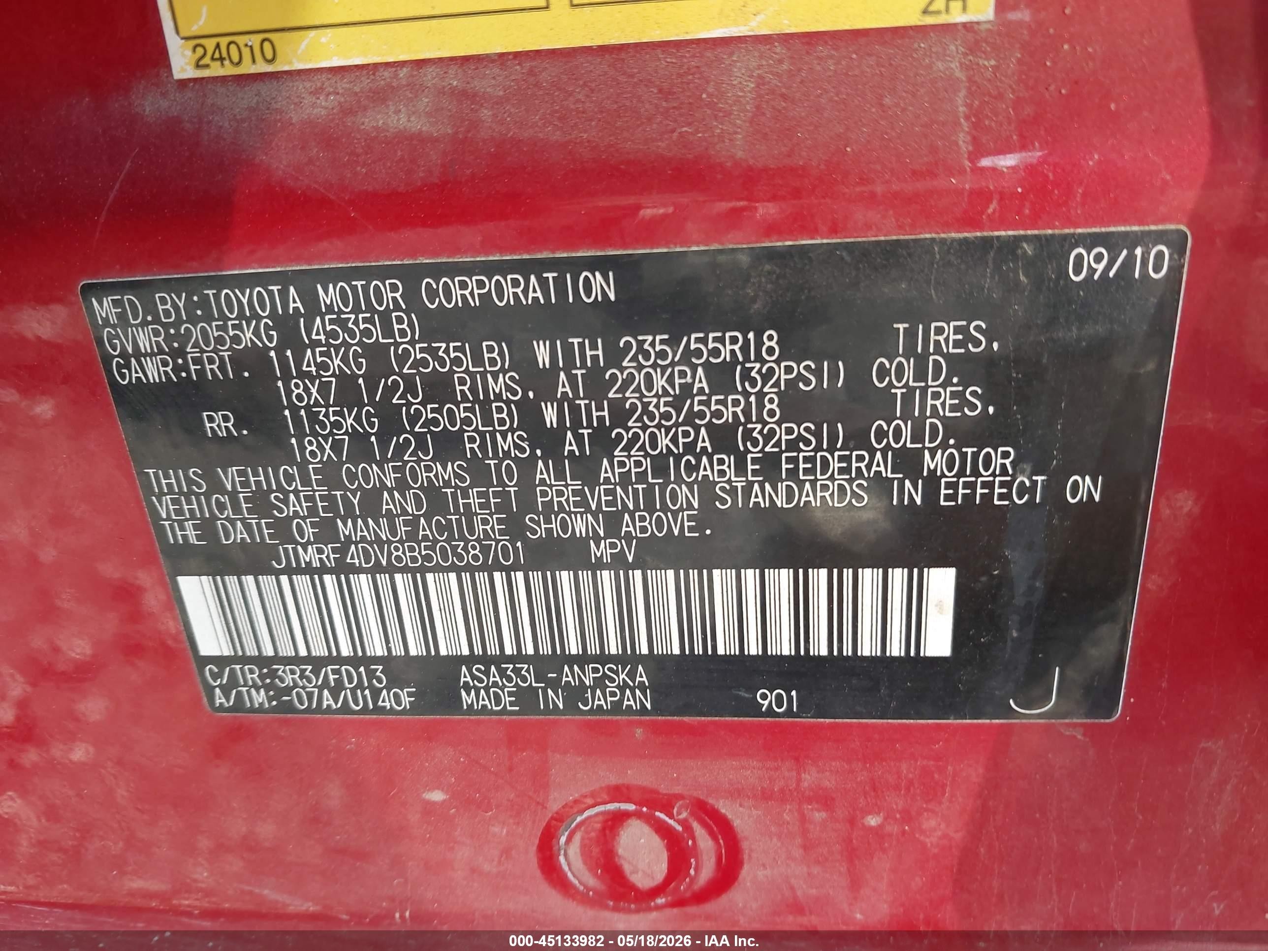 2011 Toyota Rav4 Sport Red vin: JTMRF4DV8B5038701