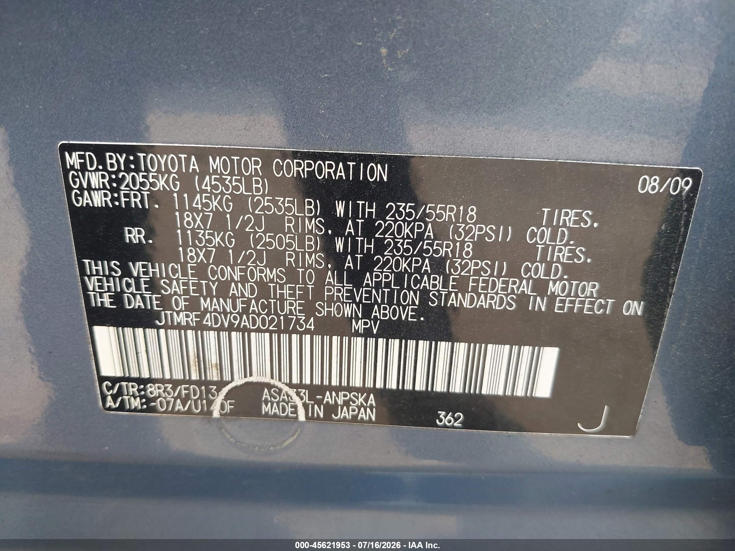 2010 Toyota Rav4 Sport Blue vin: JTMRF4DV9AD021734
