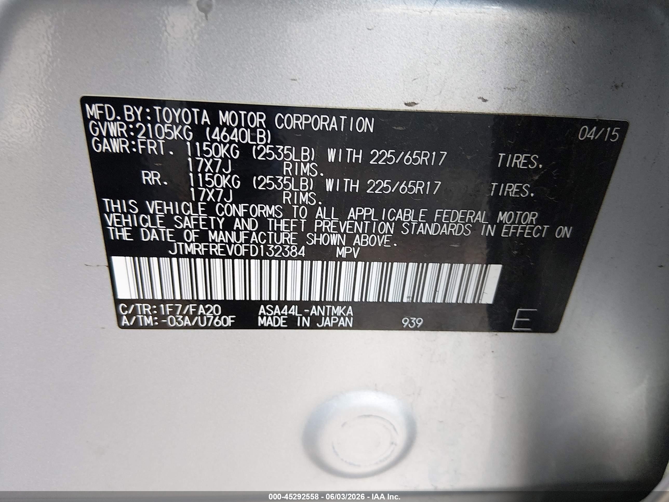 2015 Toyota Rav4 Xle Silver vin: JTMRFREV0FD132384