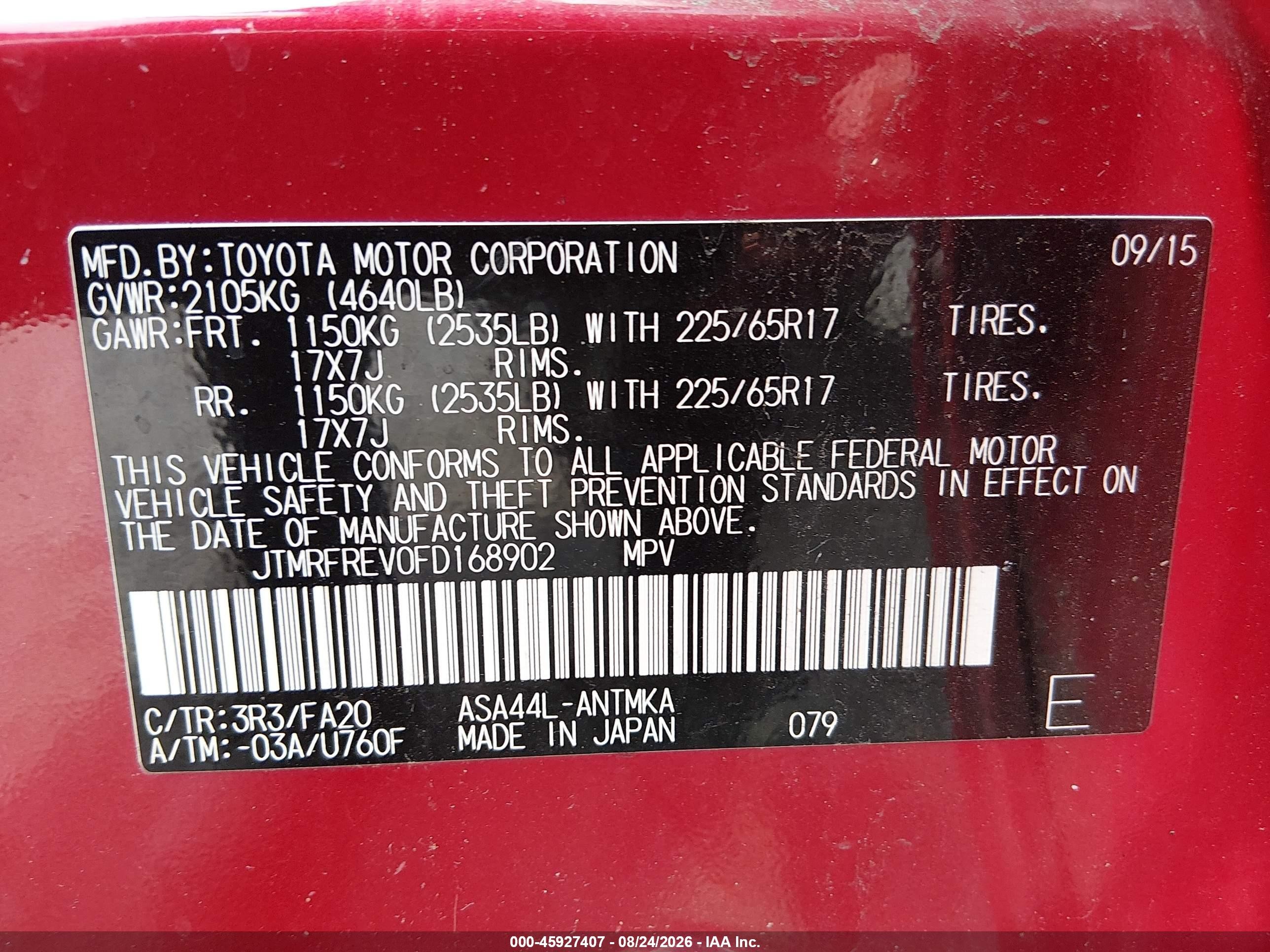 2015 Toyota Rav4 Xle Red vin: JTMRFREV0FD168902