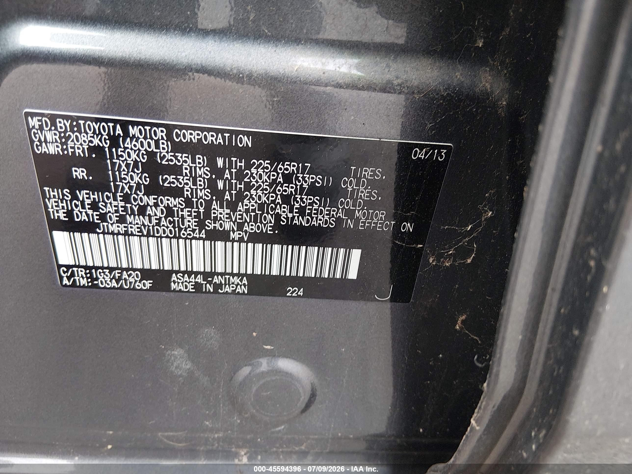 2013 Toyota Rav4 Xle vin: JTMRFREV1DD016544
