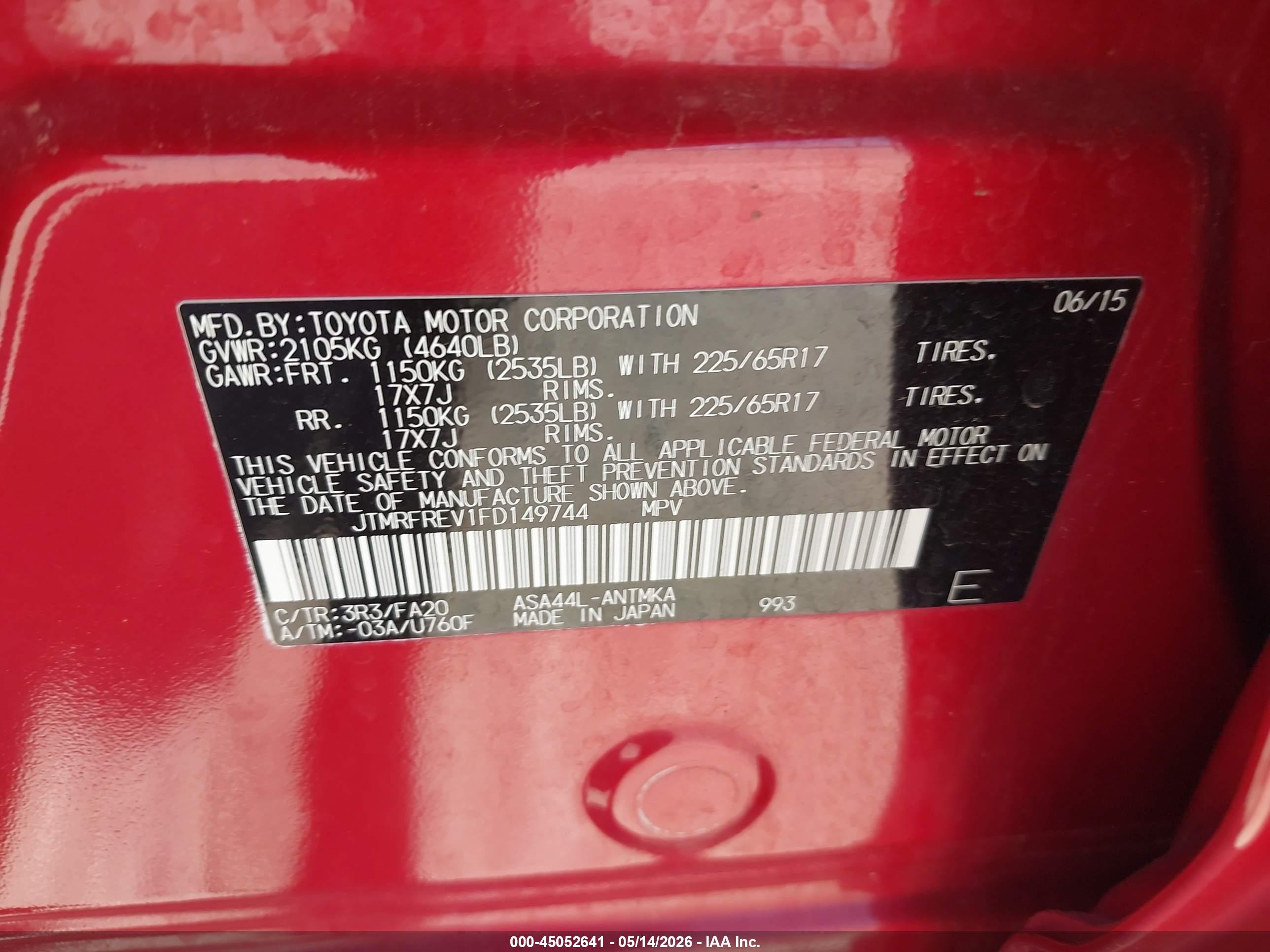 2015 Toyota Rav4 Xle Red vin: JTMRFREV1FD149744
