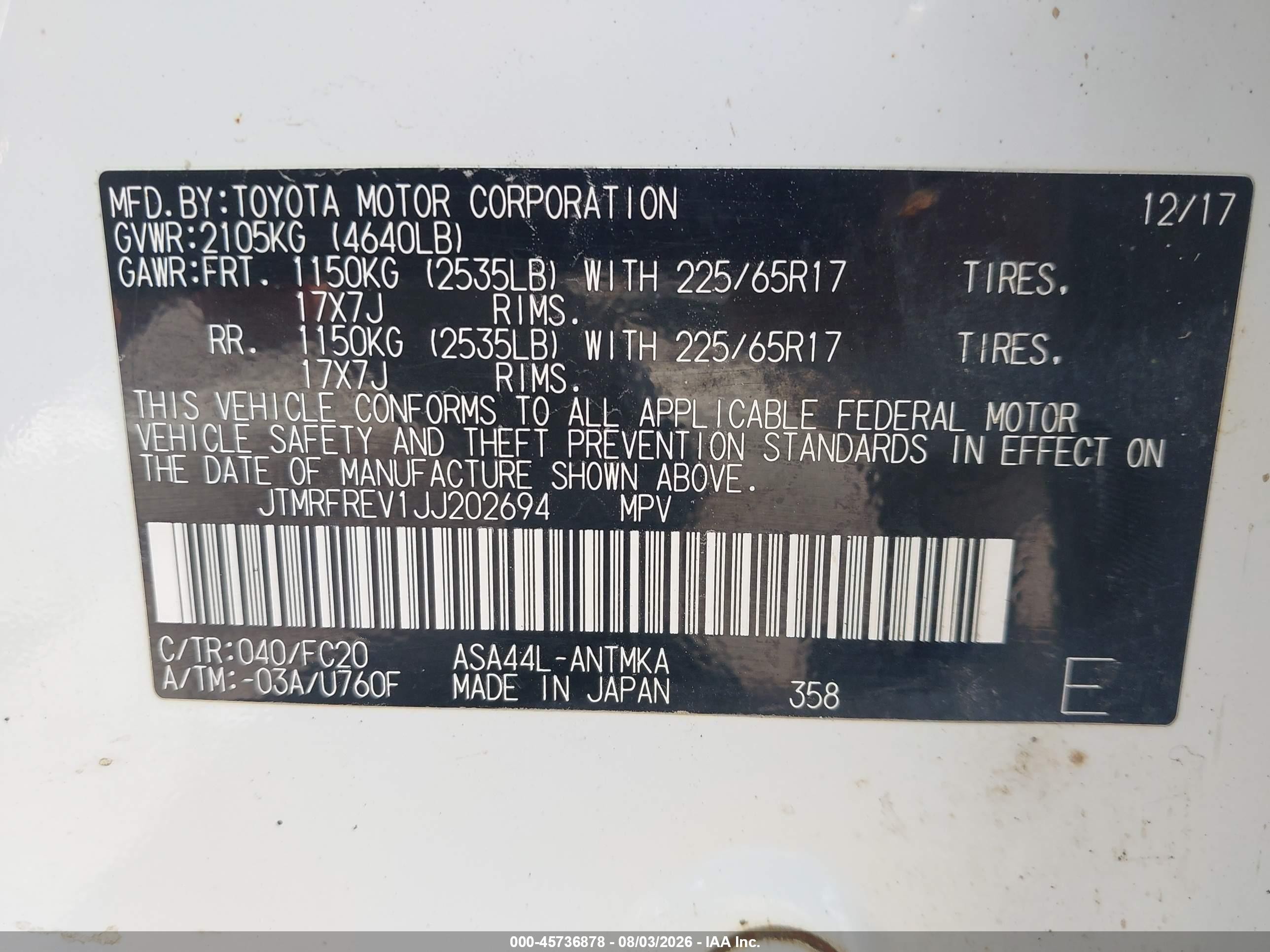 2018 Toyota Rav4 Xle White vin: JTMRFREV1JJ202694