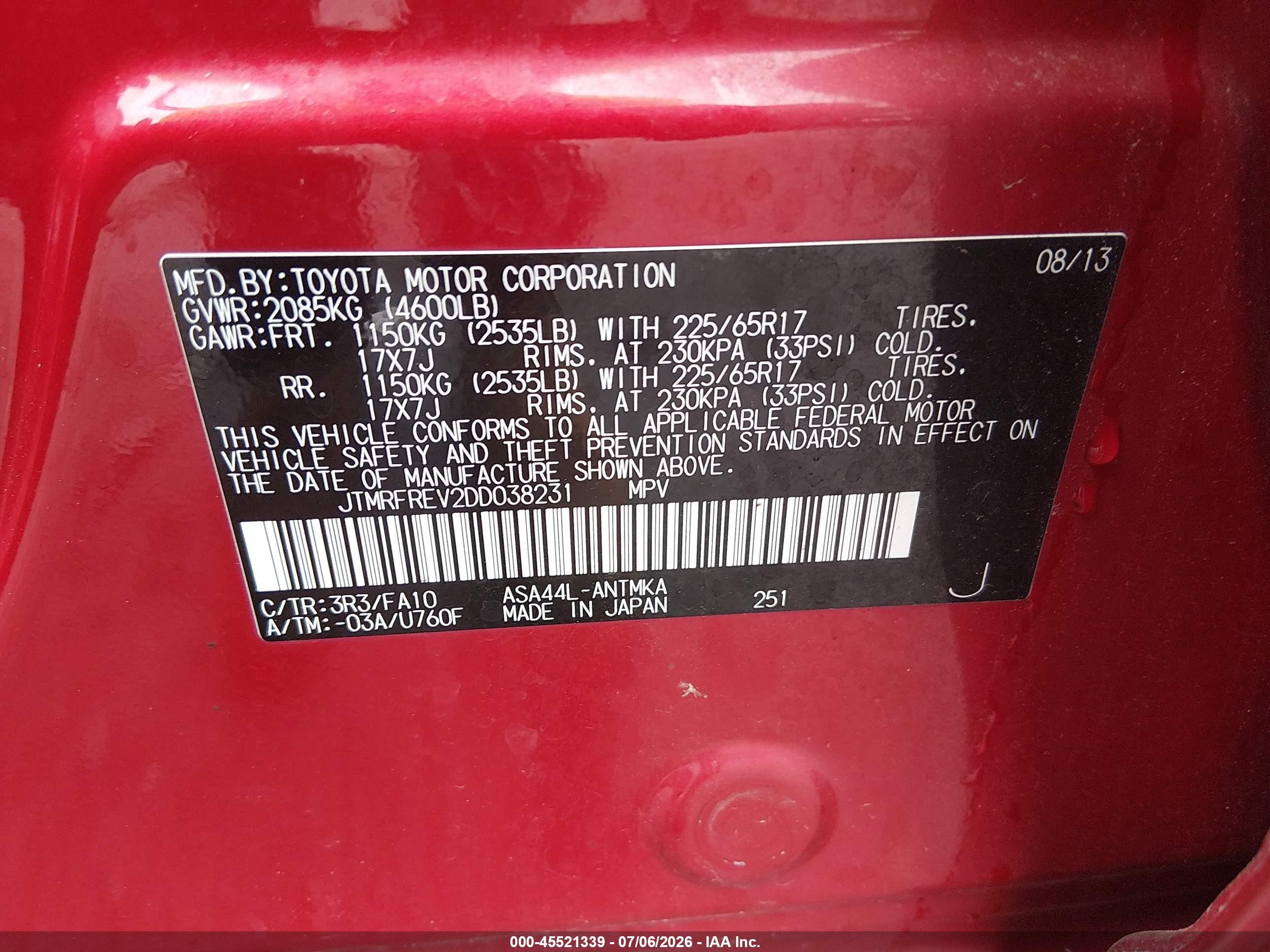 2013 Toyota Rav4 Xle Red vin: JTMRFREV2DD038231